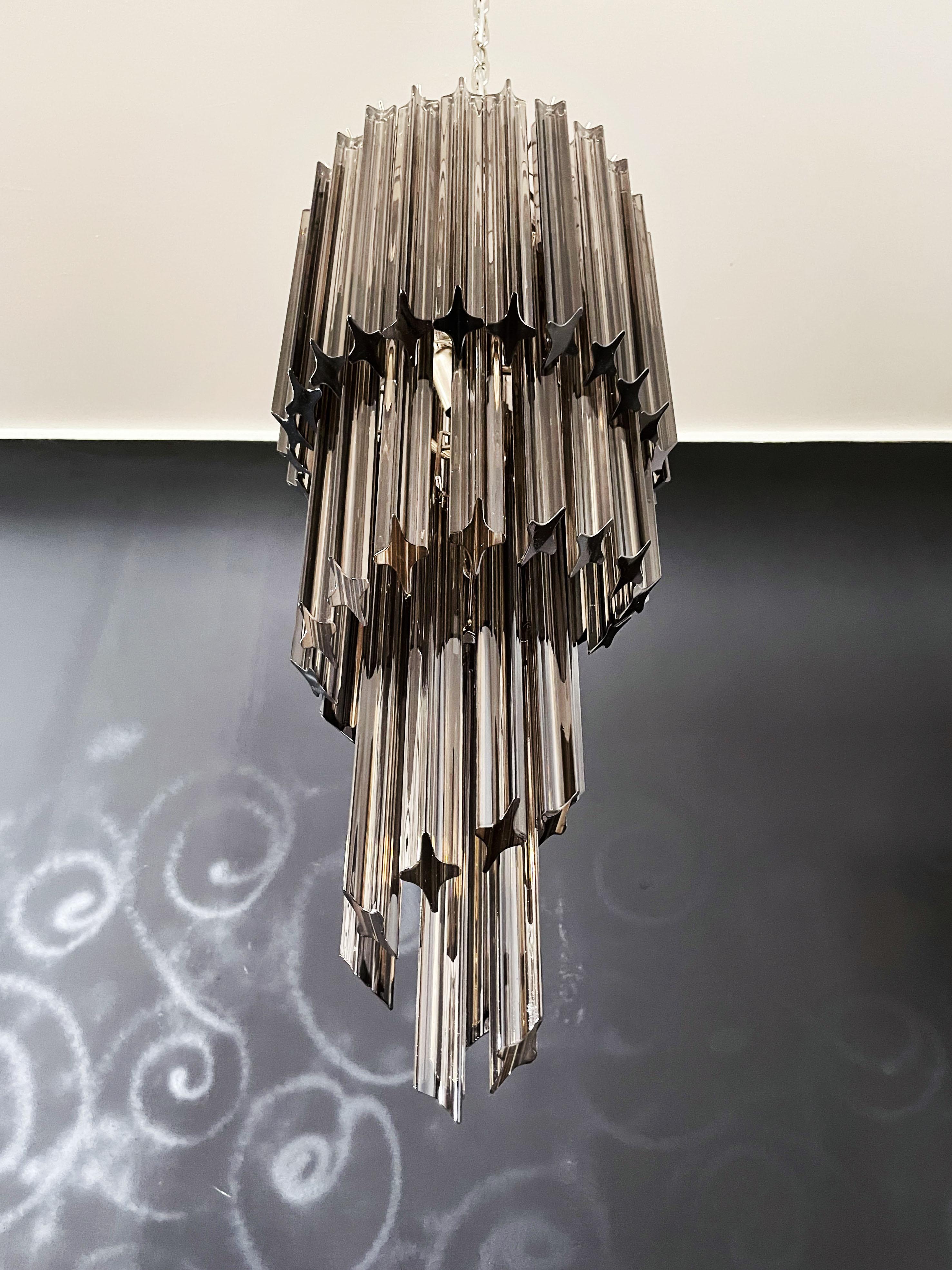 Blown Glass Murano Glass Spiral Chandelier, 54 Quadriedri Smoked Prisms