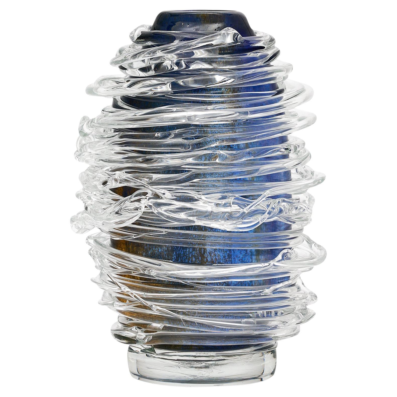 Murano Glass Spiral Vase, Hand-Blown, Dark Blue, Italy, Modern Design For Sale