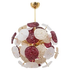 Murano Glass Sputnik Chandelier in Cherry Red, White, and Champagne, with a Brass Frame