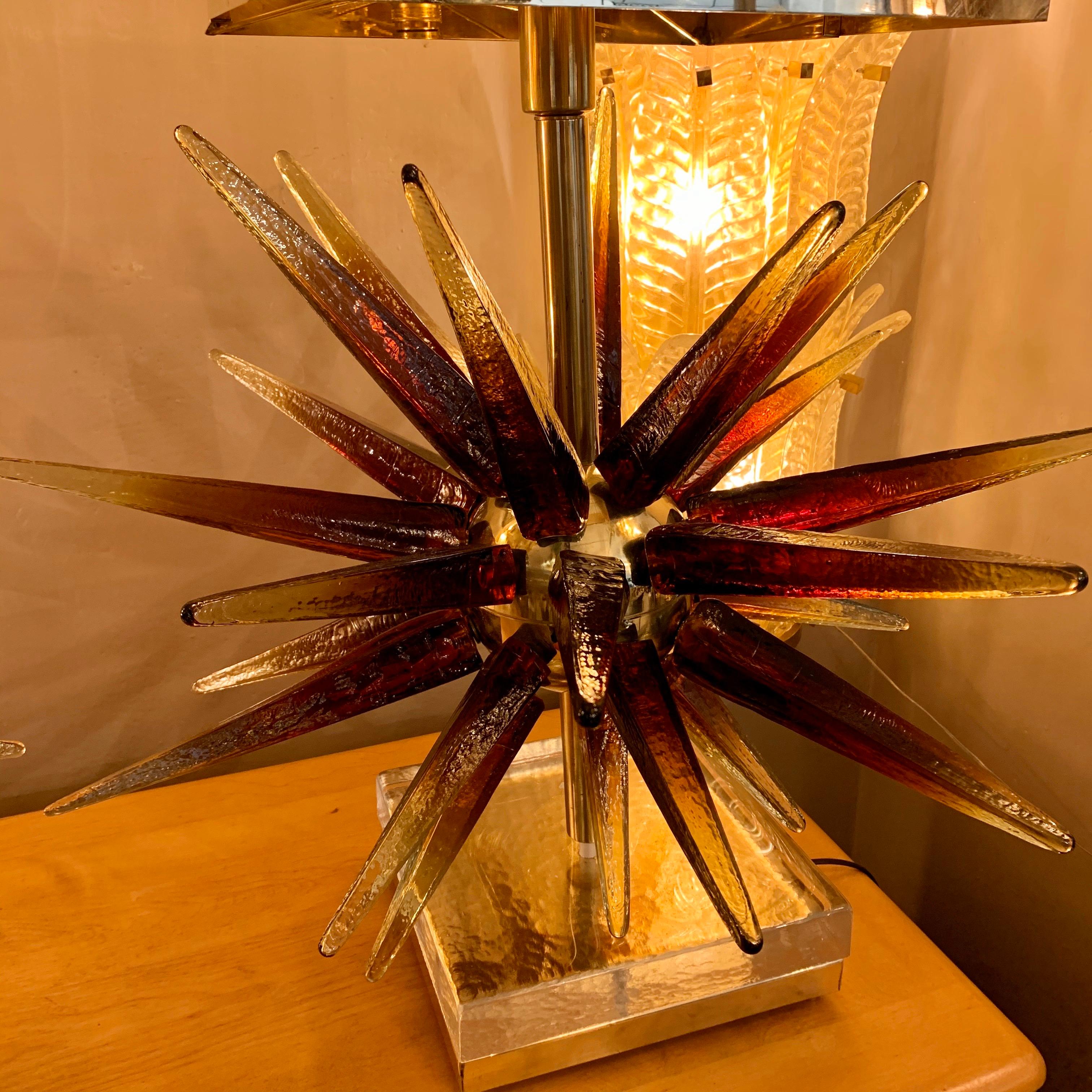Modern Murano Glass Sputnik Table Lamp with Square Brass Lampshades, 1970s