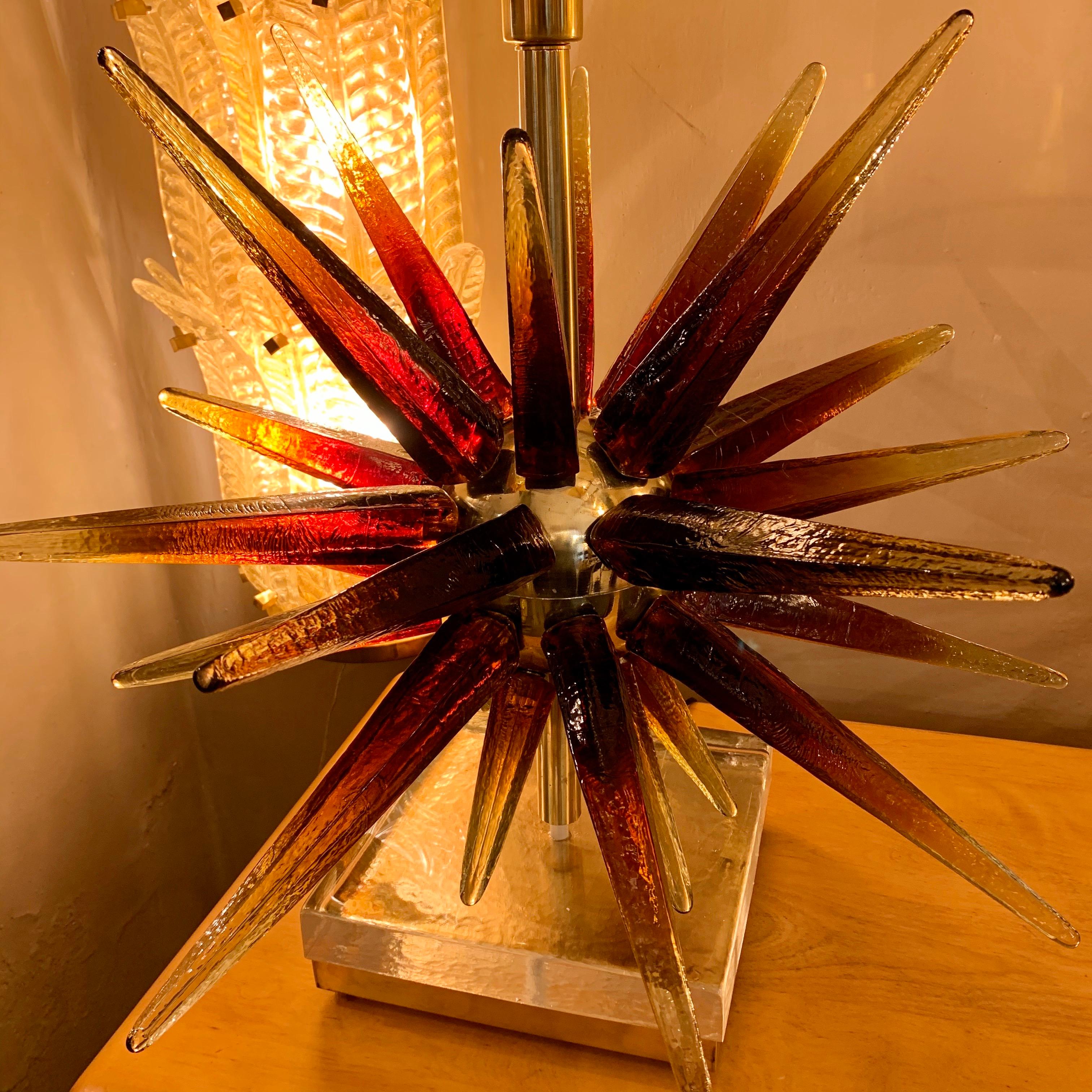 Italian Murano Glass Sputnik Table Lamp with Square Brass Lampshades, 1970s