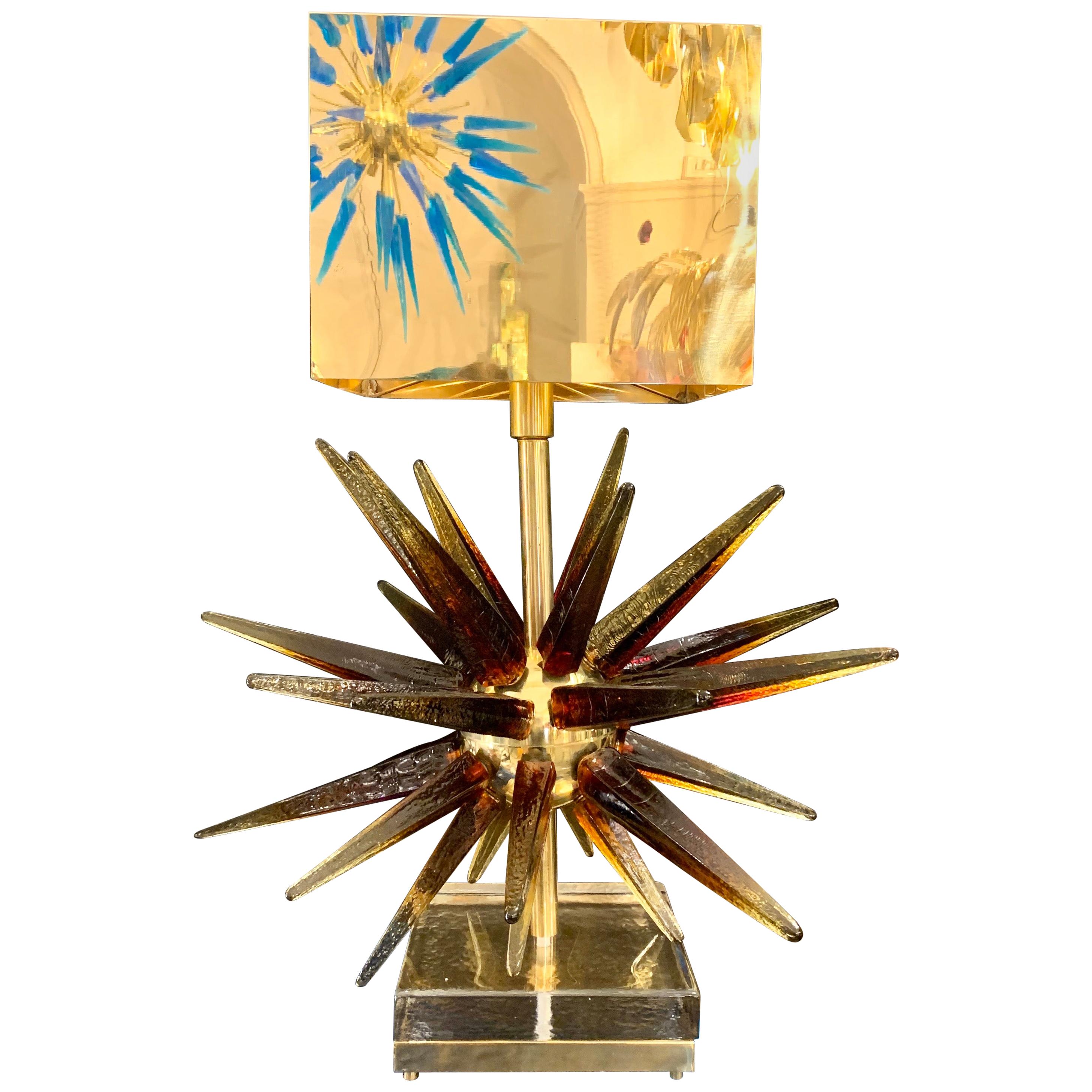 Murano Glass Sputnik Table Lamp with Square Brass Lampshades, 1970s In Excellent Condition In Florence, IT