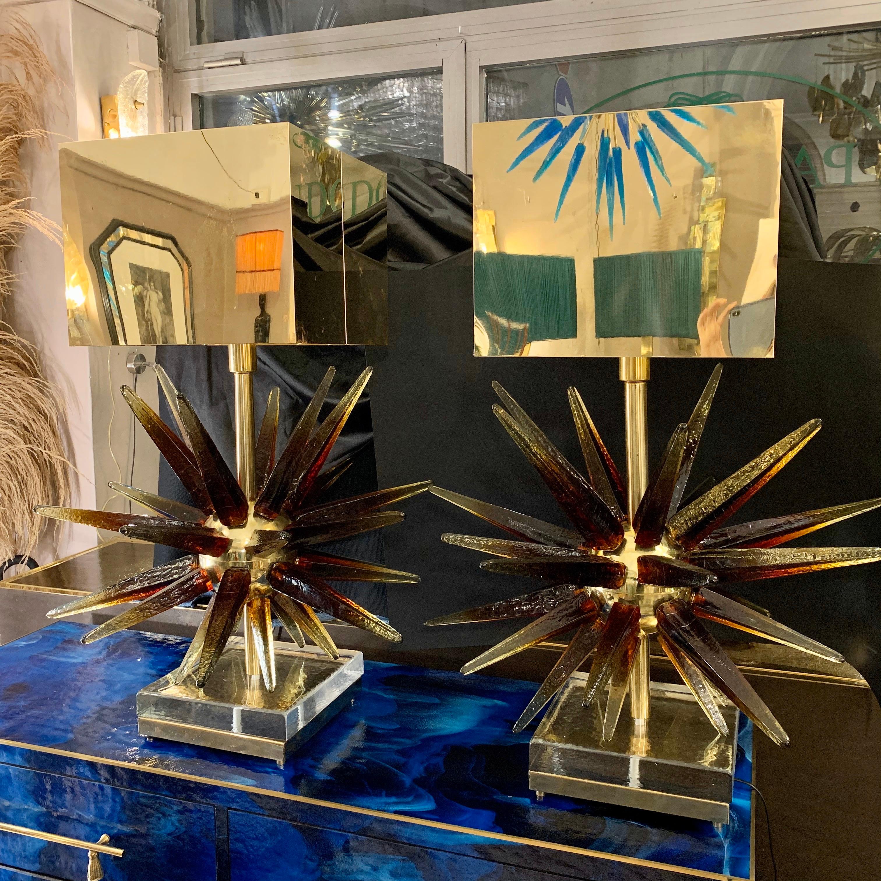 Late 20th Century Murano Glass Sputnik Table Lamp with Square Brass Lampshades, 1970s