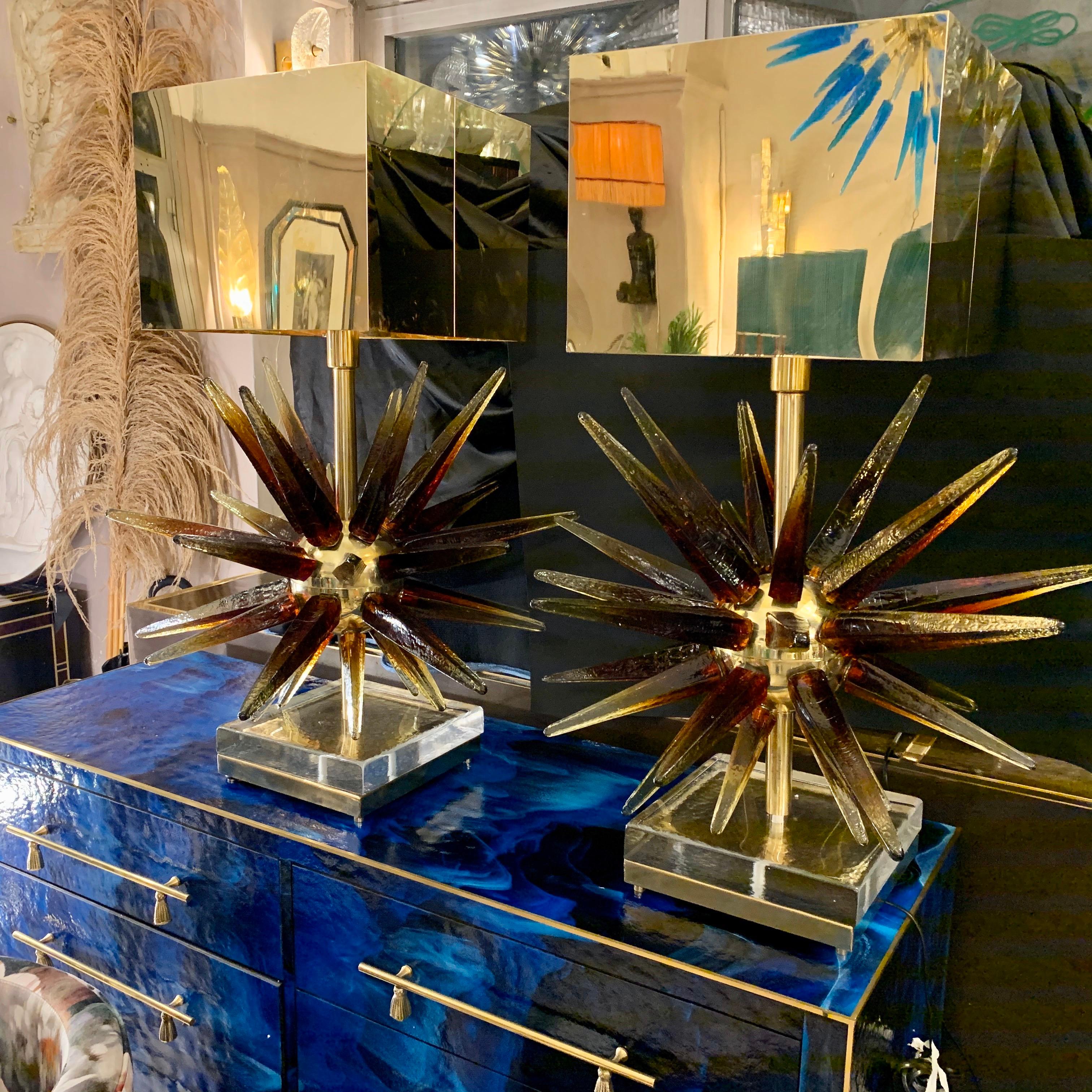 Murano Glass Sputnik Table Lamp with Square Brass Lampshades, 1970s 1