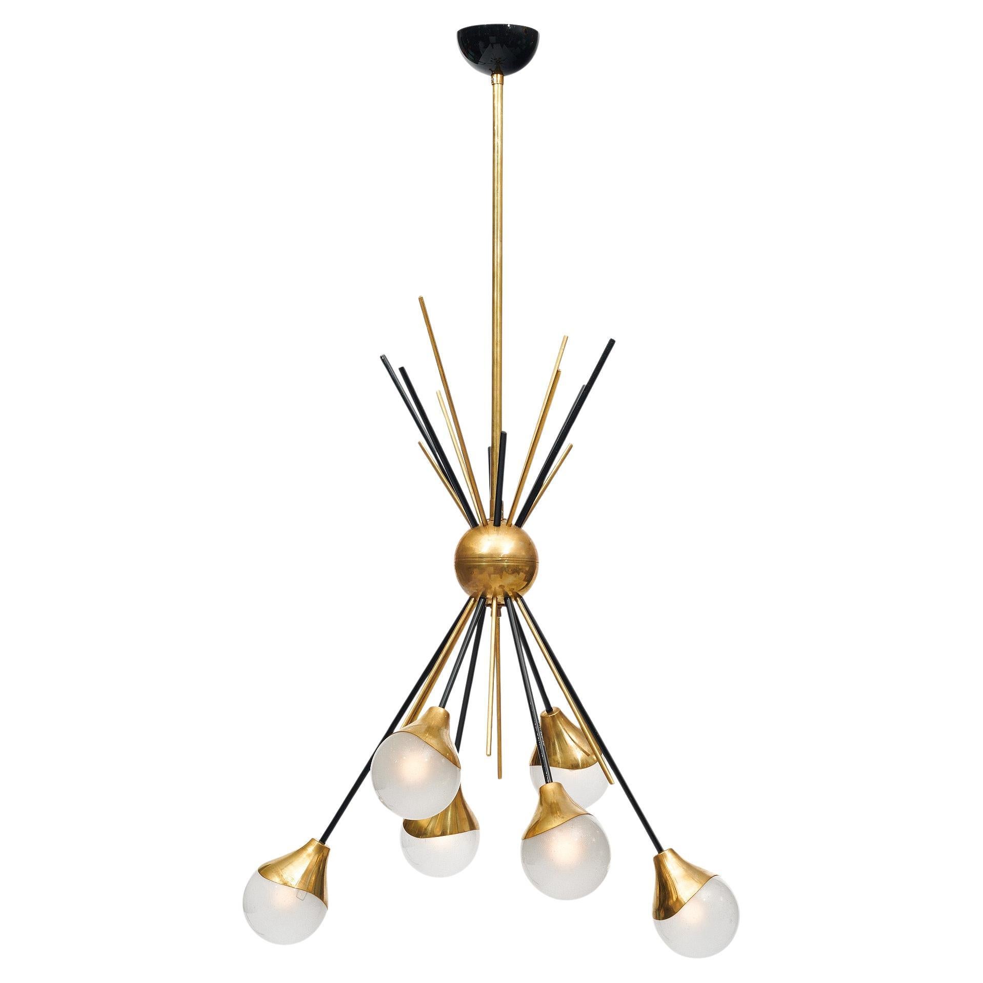 Lustre en verre de Murano, laiton et laque noire, style Stilnovo, Italie