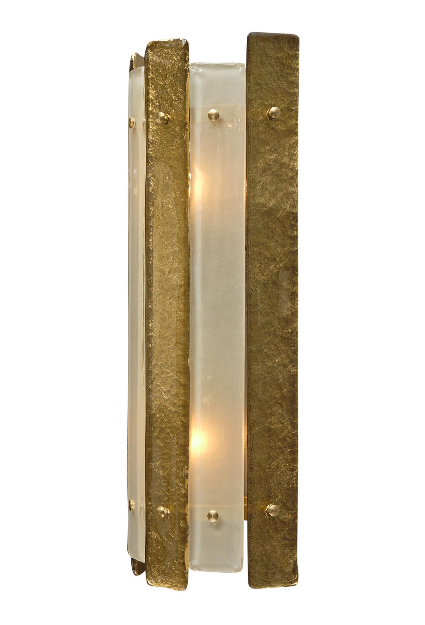 Pair of Murano sconces from Venice, Italy. These sconces feature hand-blown alternating blades of frosted and gold leaf glass attached to a brass structure. They have been newly wired to fit US standards.

This pair is currently located at our
