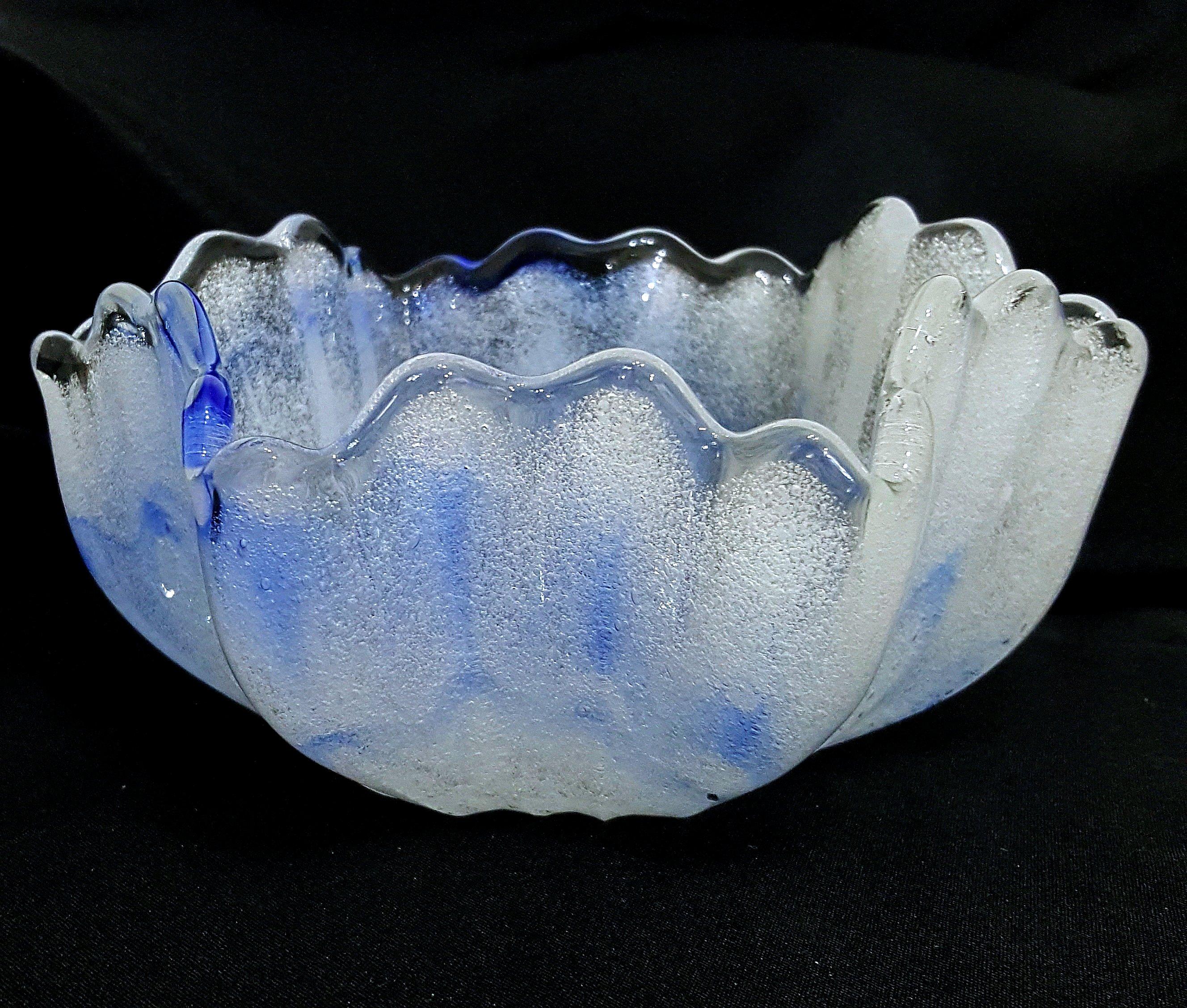Murano Glass look by Kurata large bowl w/gorgeous bollicine foam-like bubbles. Blue, white, and clear glass. 
Nice vintage condition.  Apx 8 x 4 inches at widest/highest. 
We only suspect Murano in this case as we've not seen one quite like this