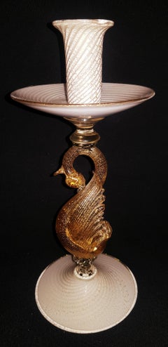 Murano Glass Swan Candle Holder Sculpture with Gold Leaf Signed