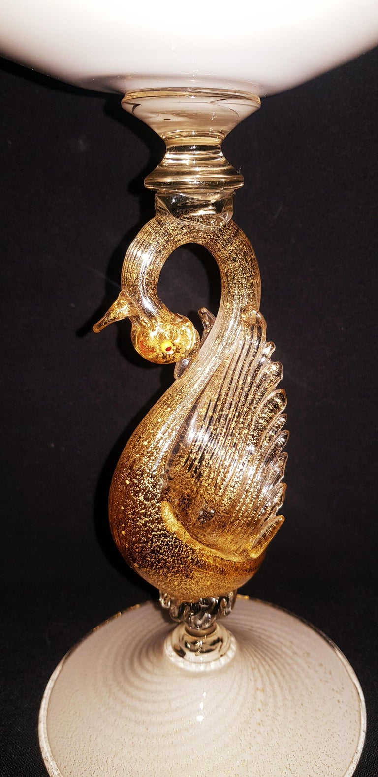 Art Deco Murano Glass Swan Candle Holder Sculpture with Gold Leaf Signed For Sale