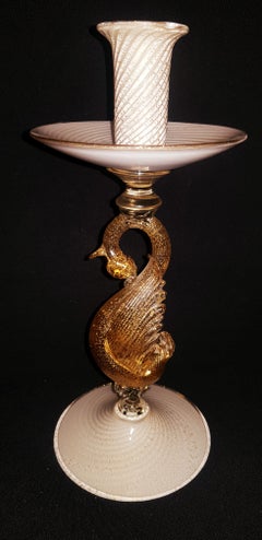 Sculpture de bougeoir cygne en verre de Murano avec feuille d'or signée