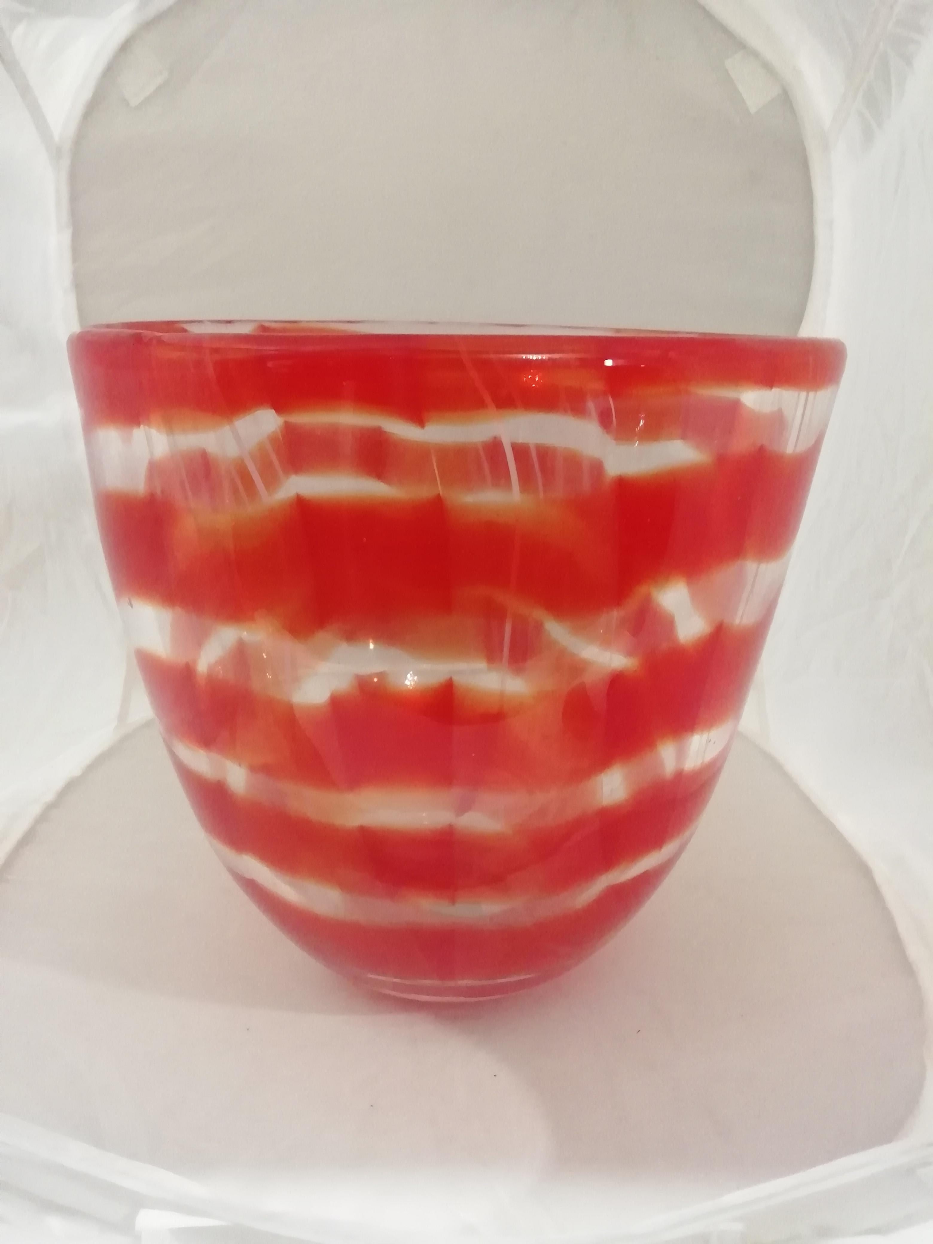 Mid-Century Modern Murano Glass Swirl Red Striped Vase