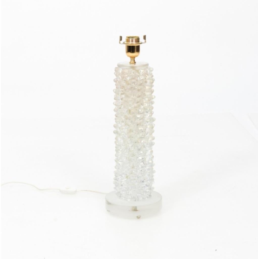 Gorgeous contemporary Murano glass bespoke table lamp, made in Italy. The columnar lamp base has an organic, rounded texture with a pearly, opaline finish. New production from 2019, this is a high-quality, custom made piece. In excellent condition,