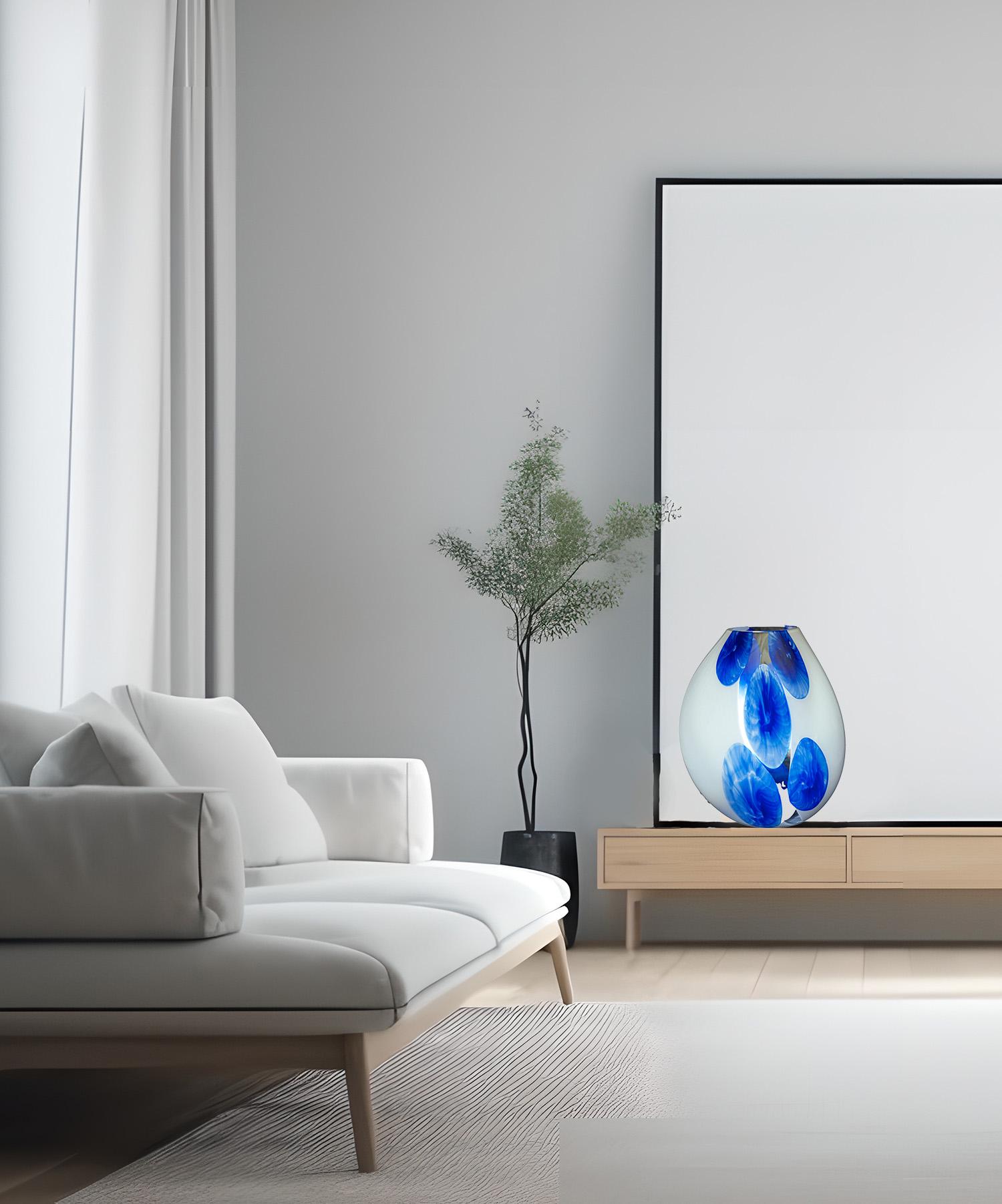 Lampe de table en verre de Murano originale avec certificat couleur fleurs blanches et bleues  Neuf - En vente à Venice, VE