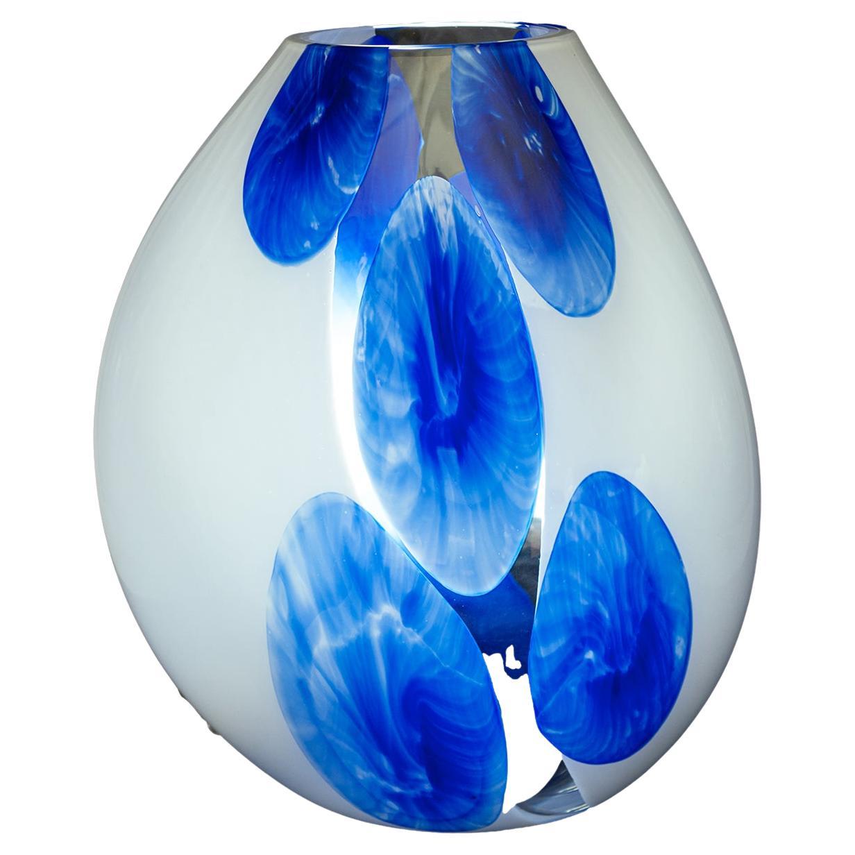 Lampe de table en verre de Murano originale avec certificat couleur fleurs blanches et bleues 