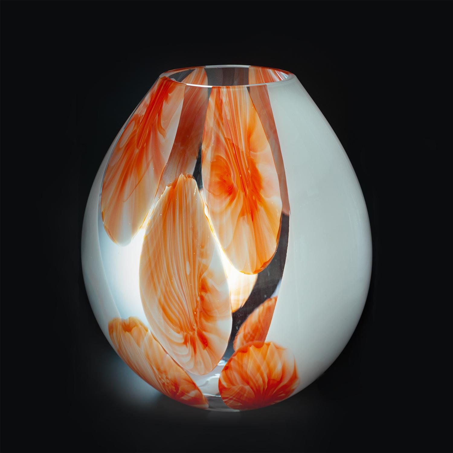 Italian Murano Glass Table Lamp Original with Certificate White and Orange Flower Color For Sale