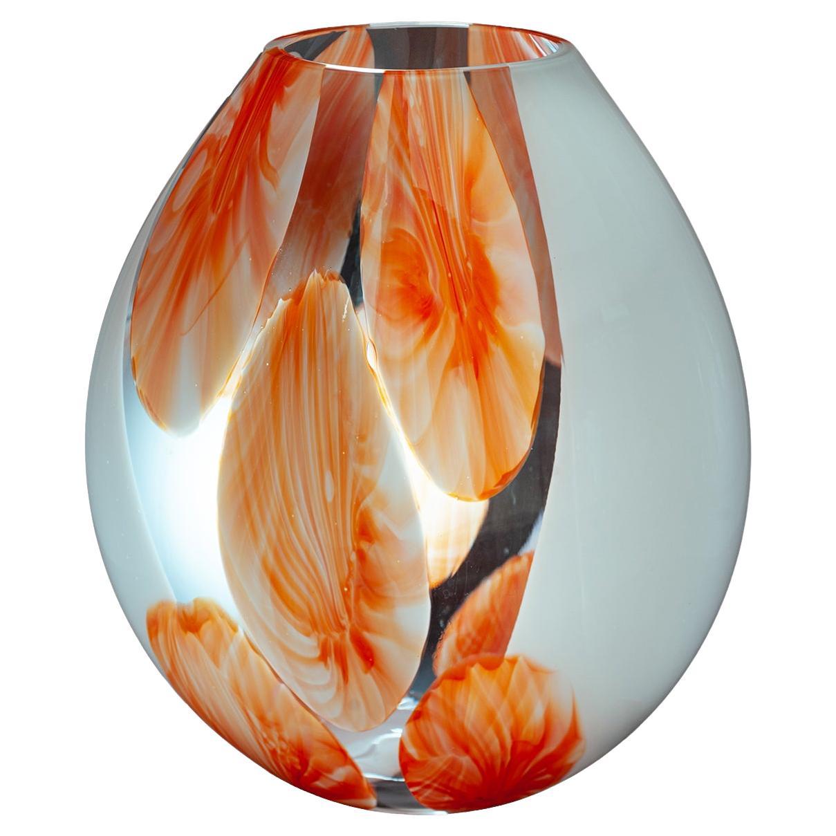 Murano Glass Table Lamp Original with Certificate White and Orange Flower Color For Sale