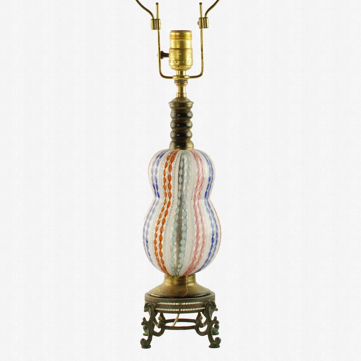 Murano Glass Table Lamp with Zanfirico and Polychrome Twisted Filigree Detail For Sale