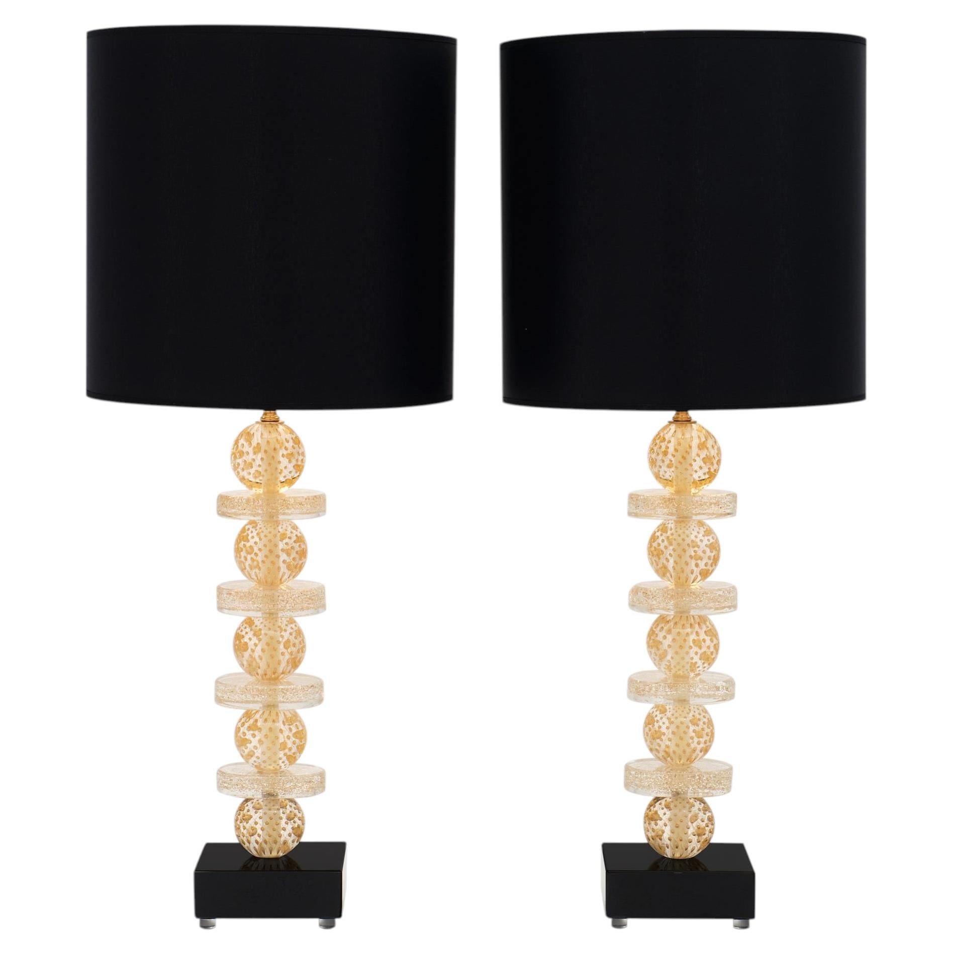 Murano Glass Table Lamps by Alberto Donà, Gold Leaf, Black Base, Italy