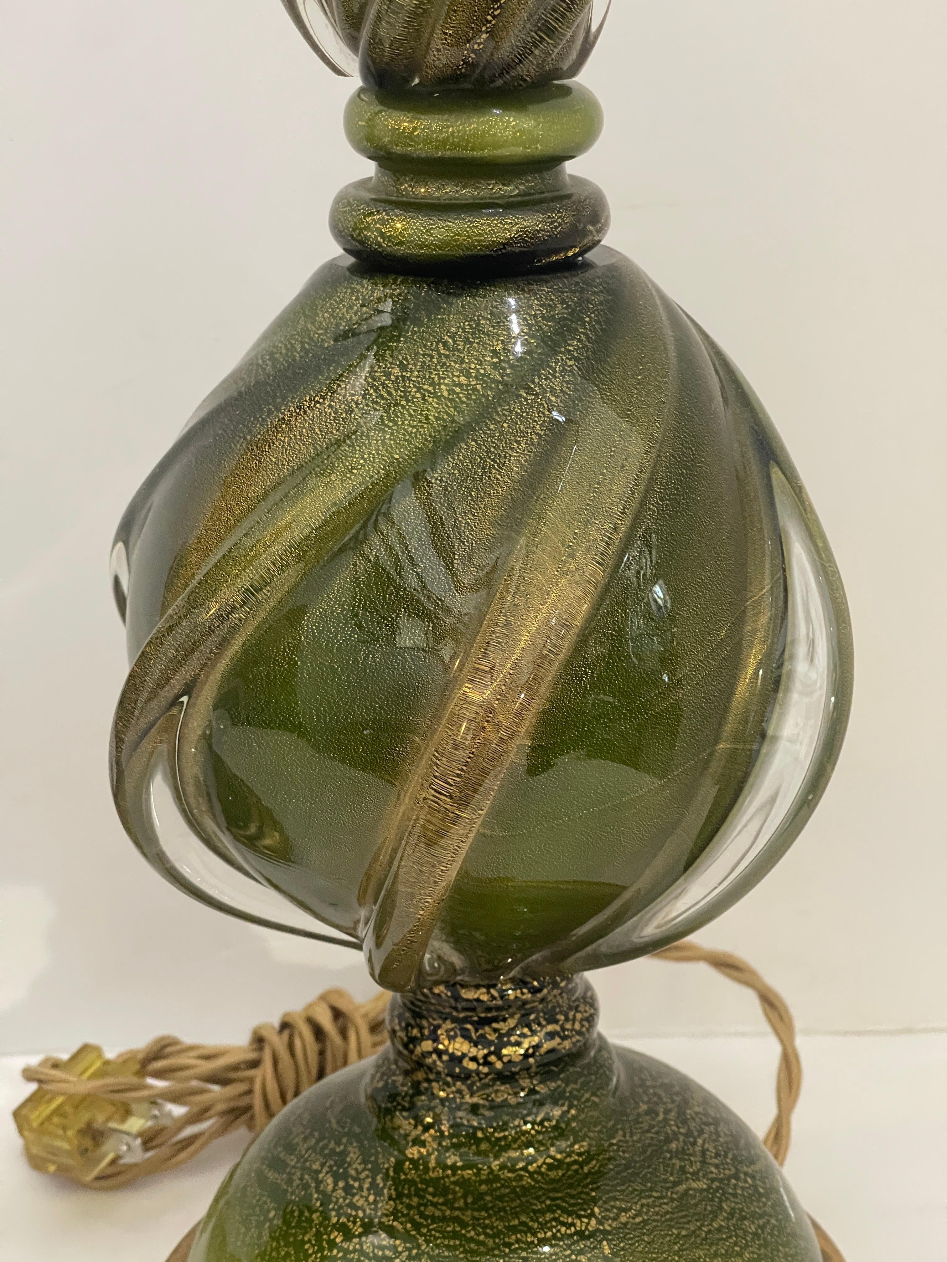 Murano Glass Table Lamps in Green & Gold Flecks on Gilt Wood Base, a Pair For Sale 2