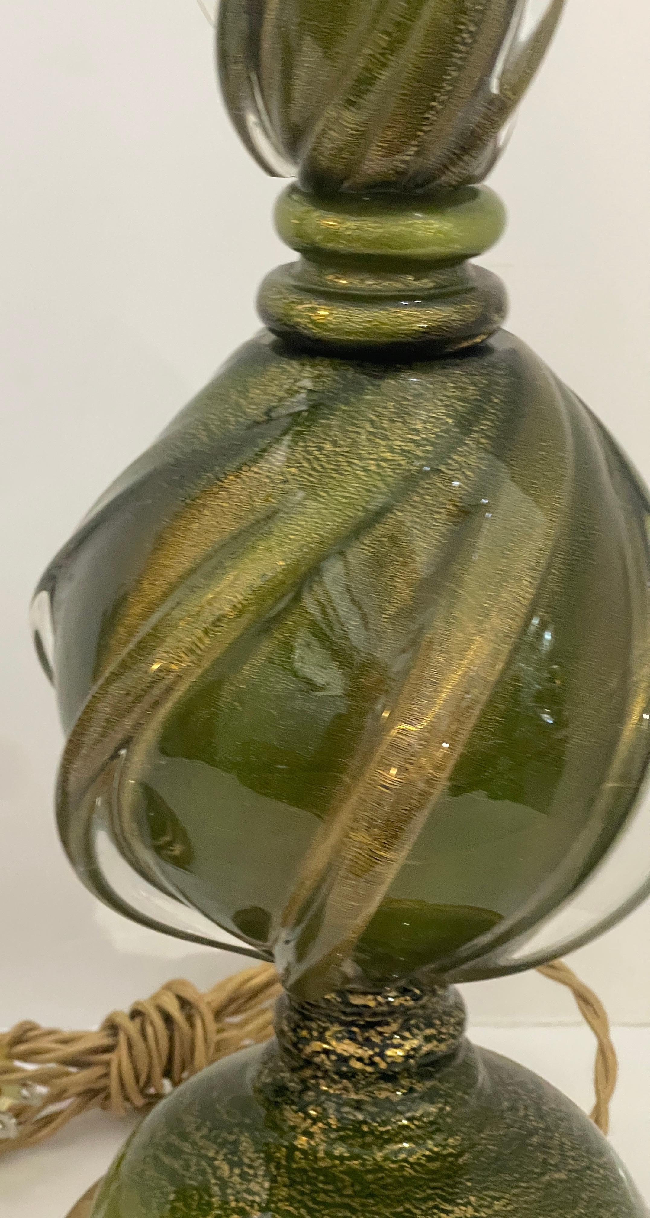 Murano Glass Table Lamps in Green & Gold Flecks on Gilt Wood Base, a Pair For Sale 3