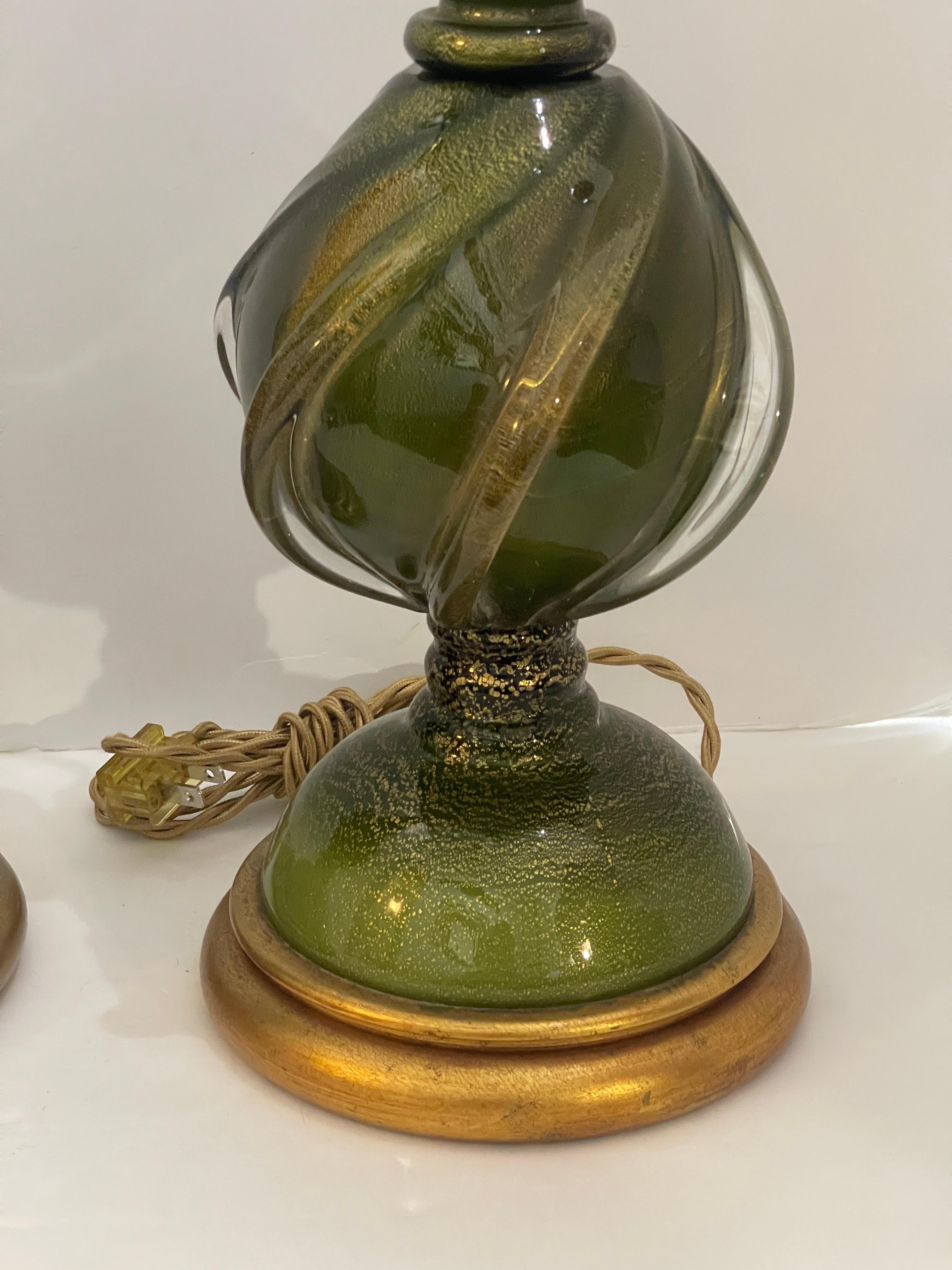 Murano Glass Table Lamps in Green & Gold Flecks on Gilt Wood Base, a Pair For Sale 4
