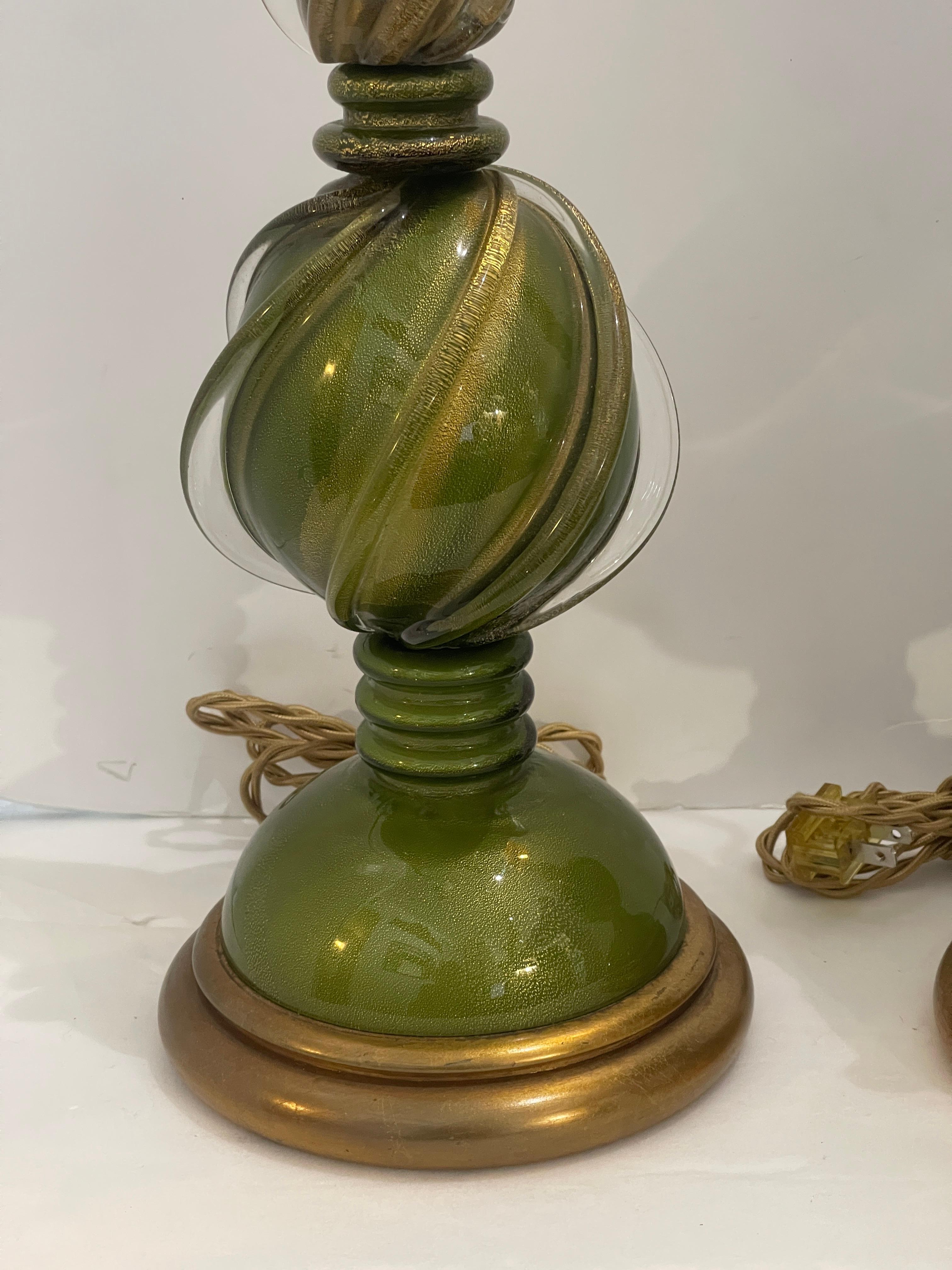 Murano Glass Table Lamps in Green & Gold Flecks on Gilt Wood Base, a Pair For Sale 5