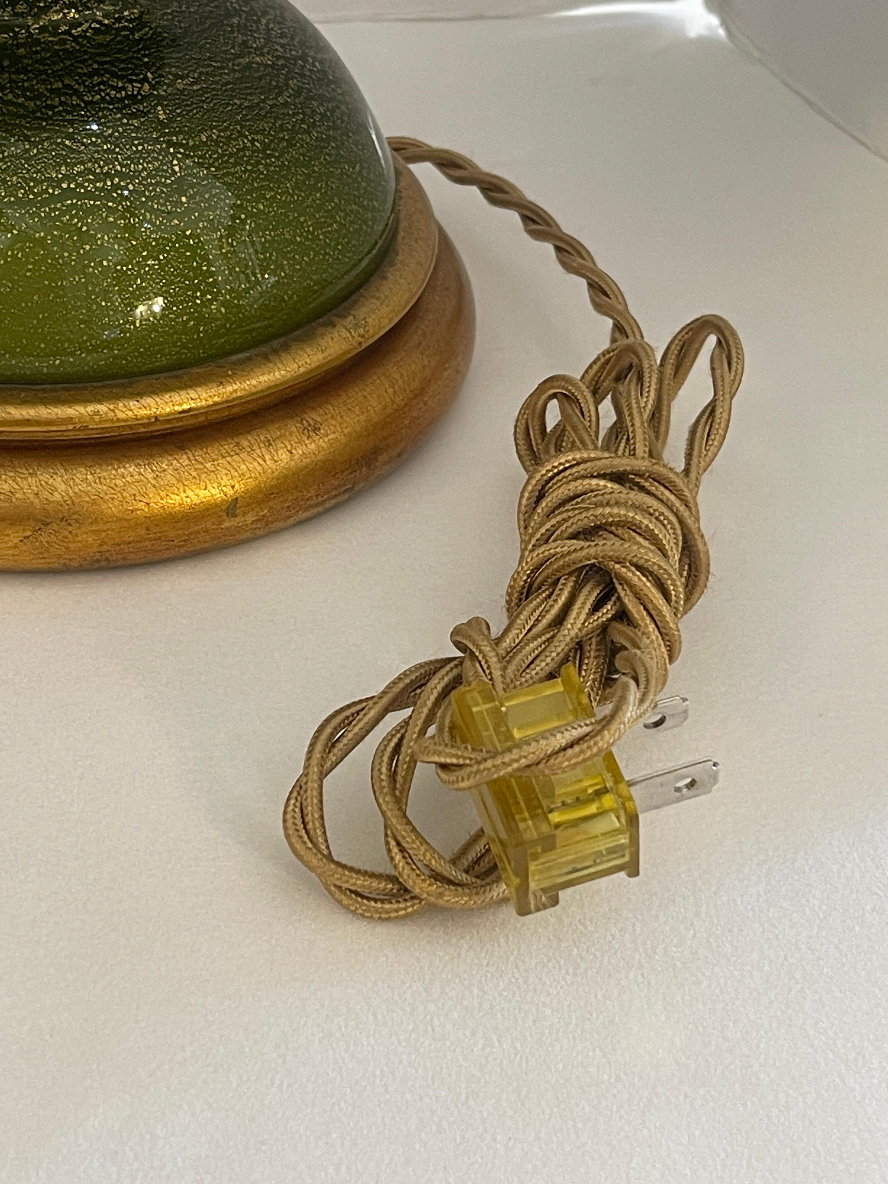 Mid-Century Modern Murano Glass Table Lamps in Green & Gold Flecks on Gilt Wood Base, a Pair For Sale