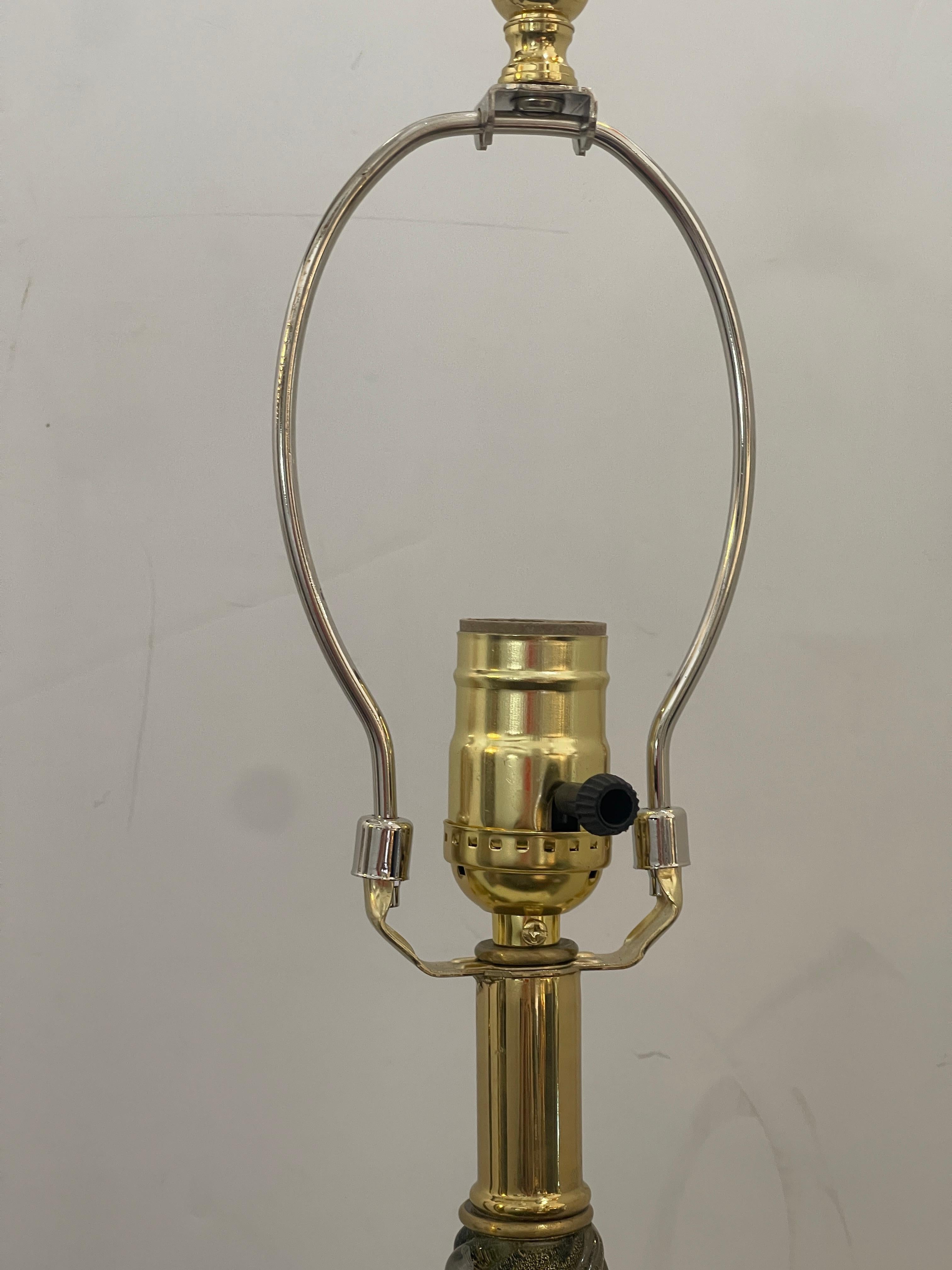 Hand-Crafted Murano Glass Table Lamps in Green & Gold Flecks on Gilt Wood Base, a Pair For Sale