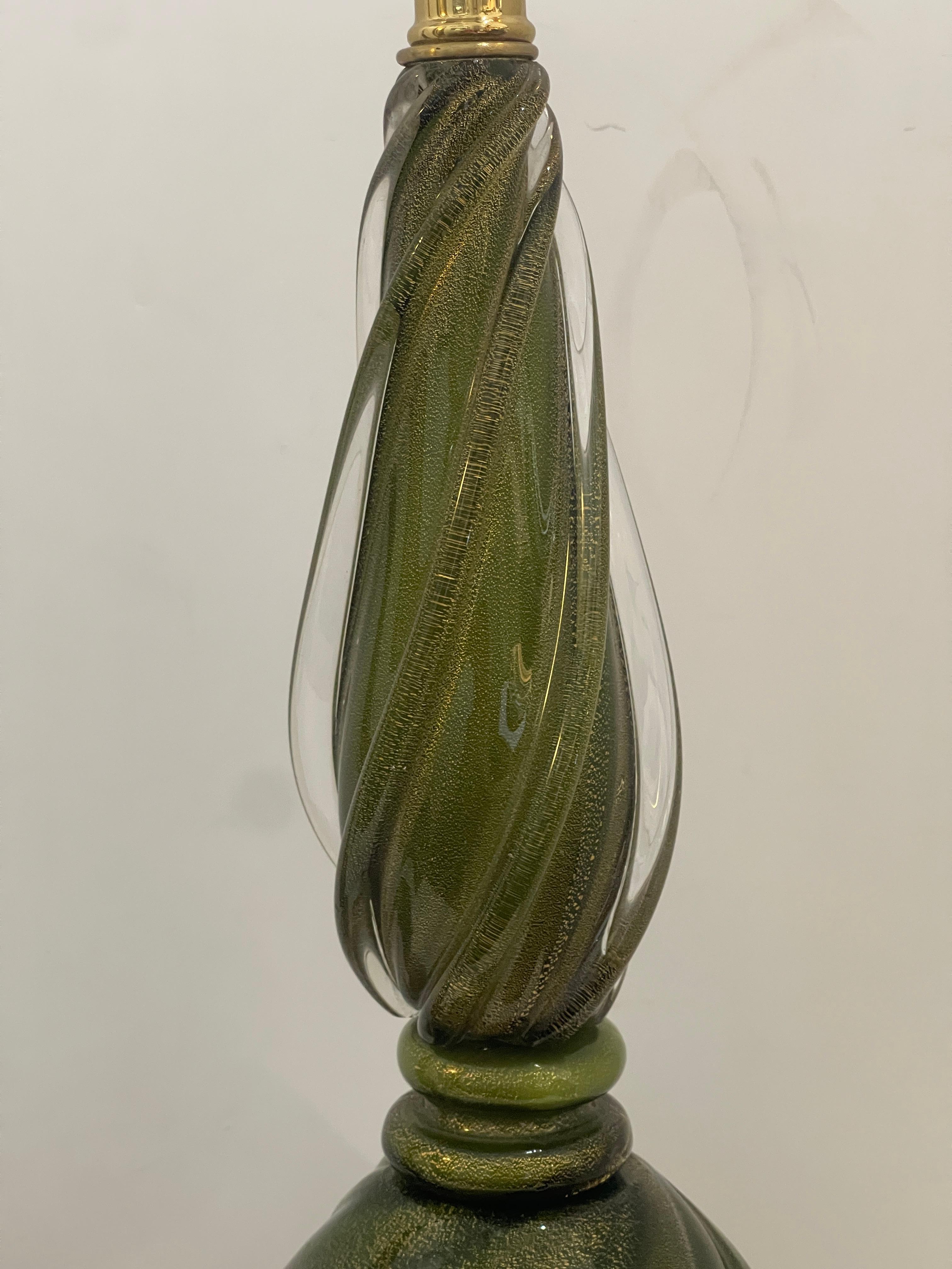 Murano Glass Table Lamps in Green & Gold Flecks on Gilt Wood Base, a Pair In Good Condition For Sale In West Palm Beach, FL