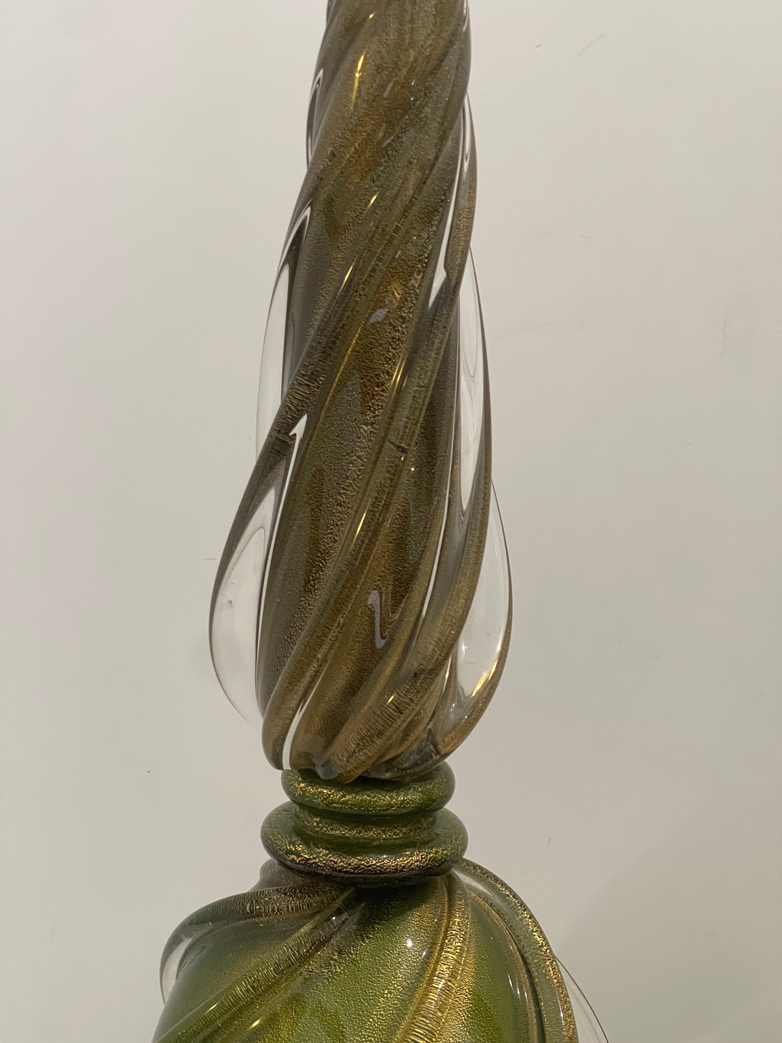 Mid-20th Century Murano Glass Table Lamps in Green & Gold Flecks on Gilt Wood Base, a Pair For Sale