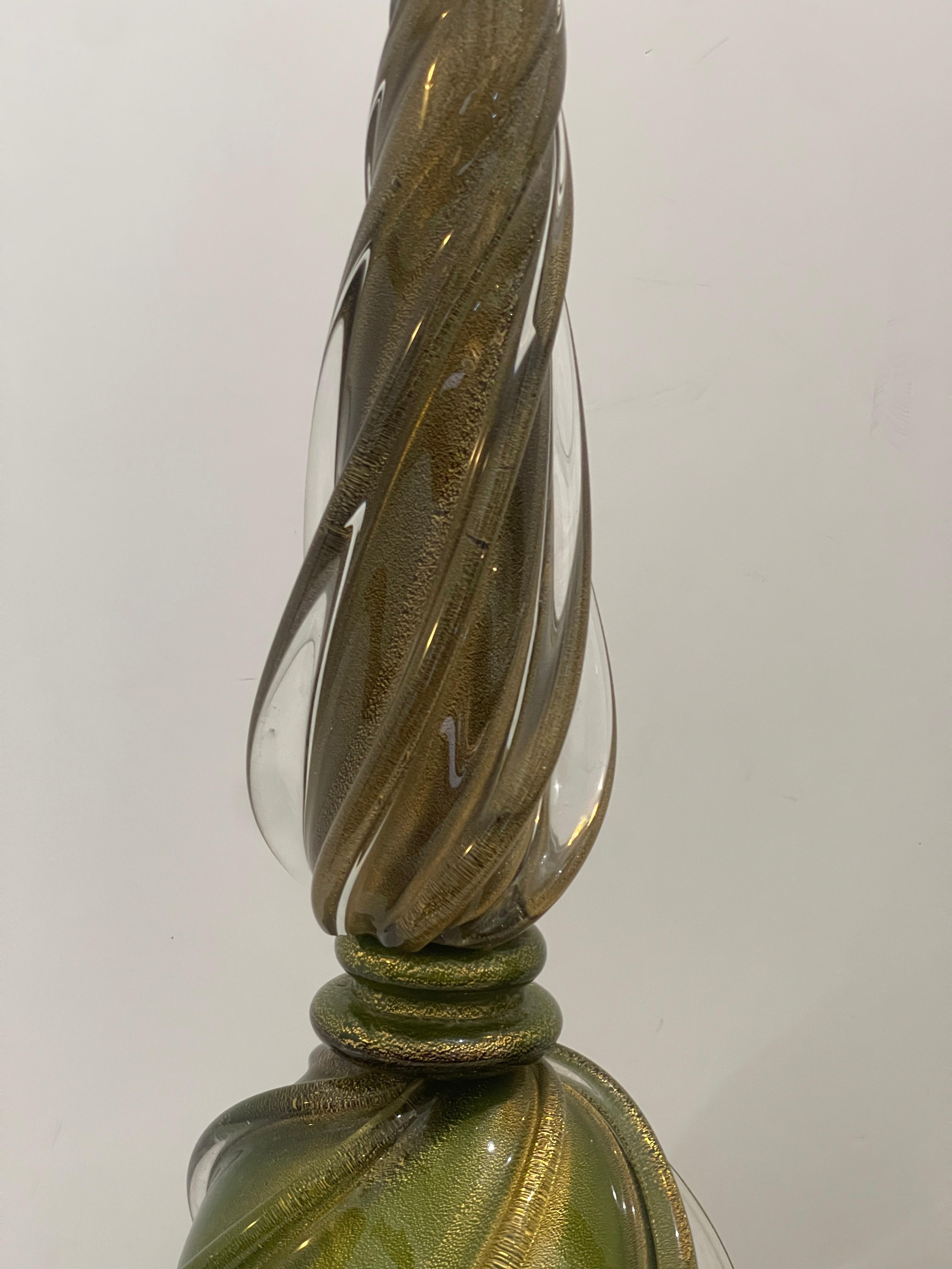 Blown Glass Murano Glass Table Lamps in Green & Gold Flecks on Gilt Wood Base, a Pair For Sale