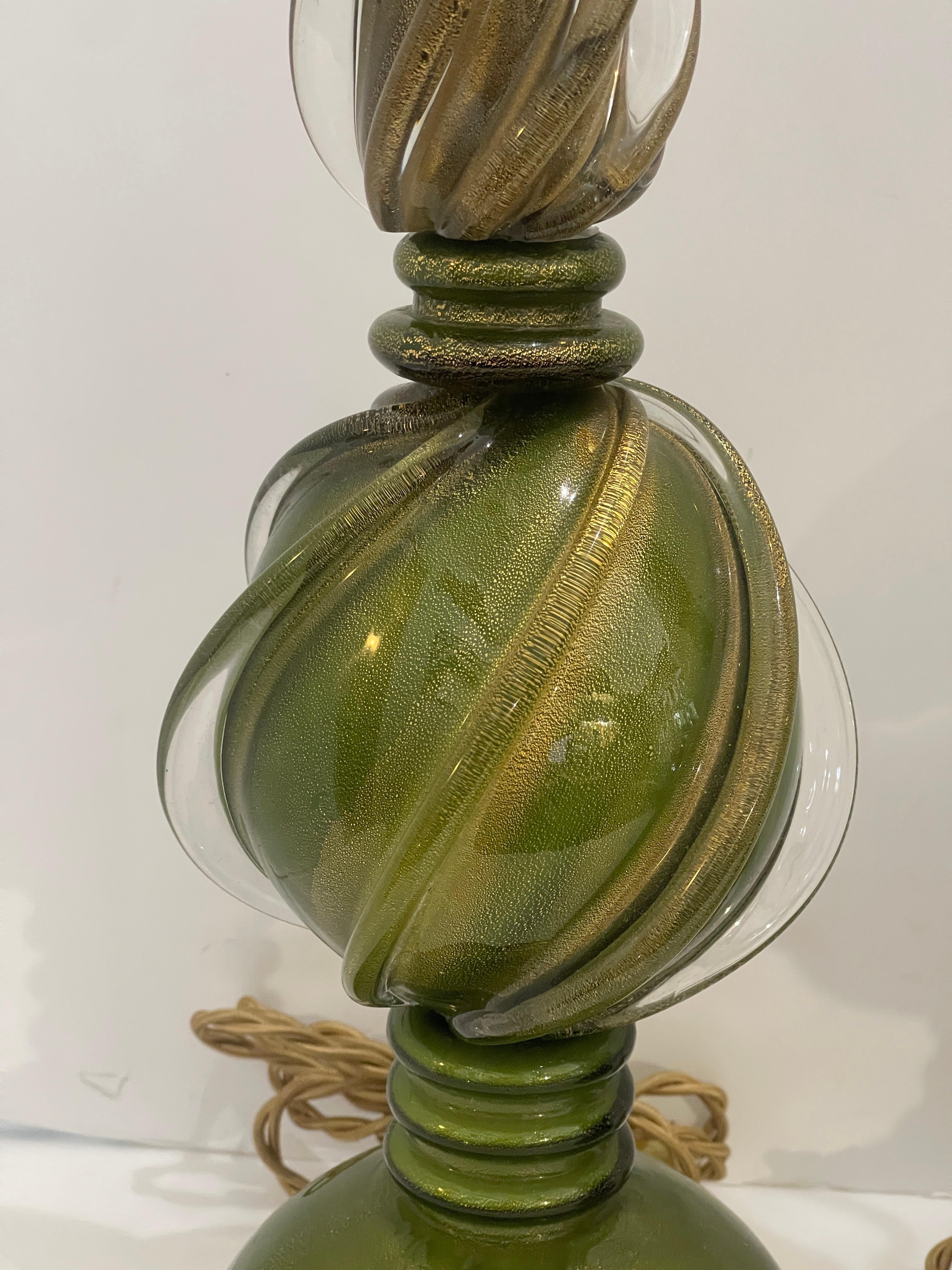 Murano Glass Table Lamps in Green & Gold Flecks on Gilt Wood Base, a Pair For Sale 1
