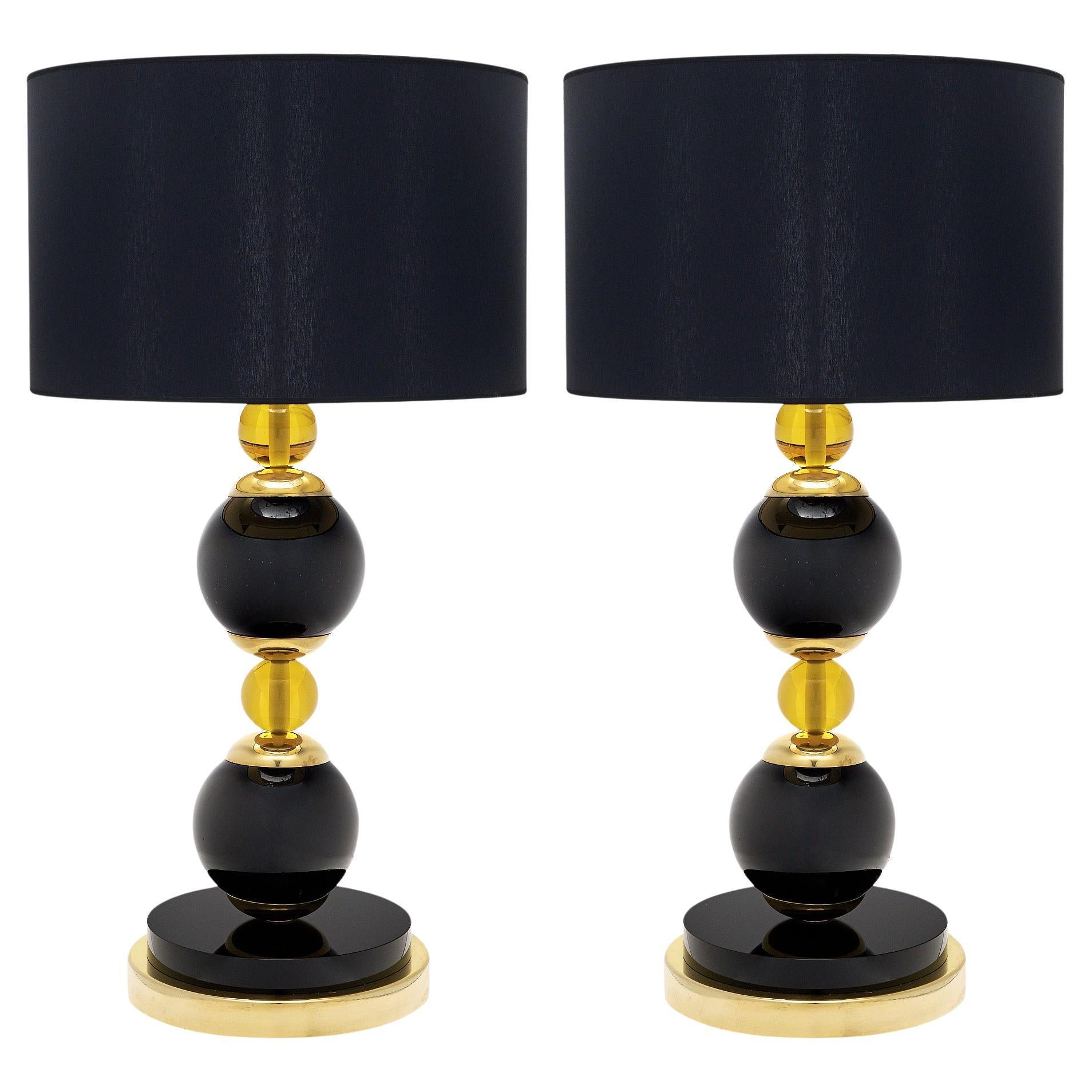 Murano Glass Table Lamps, Mid-Century Modern, Gilt Brass Base, Italy