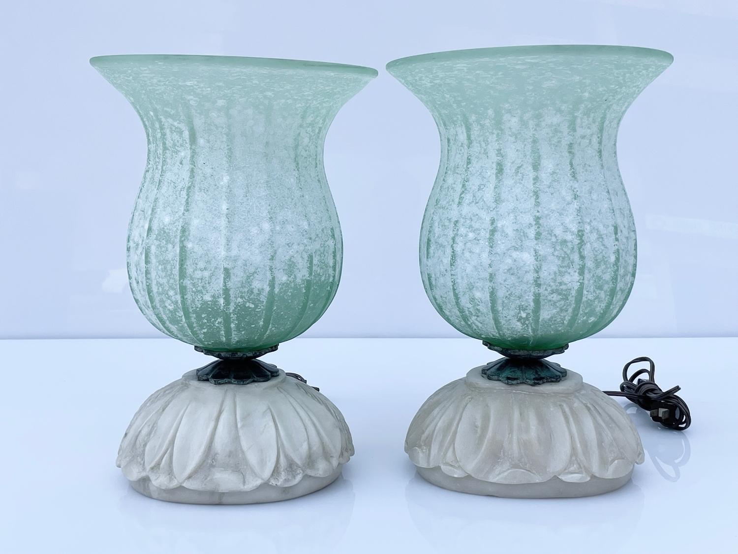 Murano Glass Table Lamps with Hand Carved Alabaster Base For Sale 3