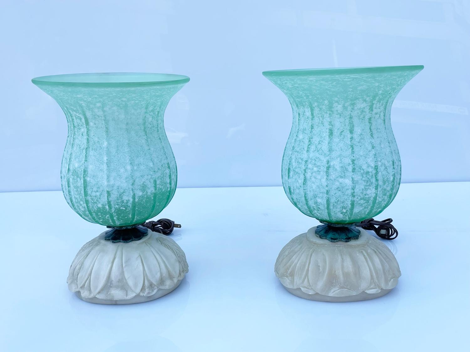 Mid-Century Modern Murano Glass Table Lamps with Hand Carved Alabaster Base For Sale