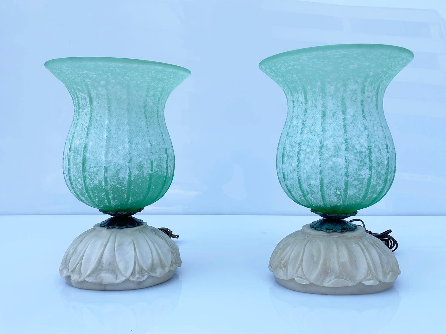 Italian Murano Glass Table Lamps with Hand Carved Alabaster Base For Sale