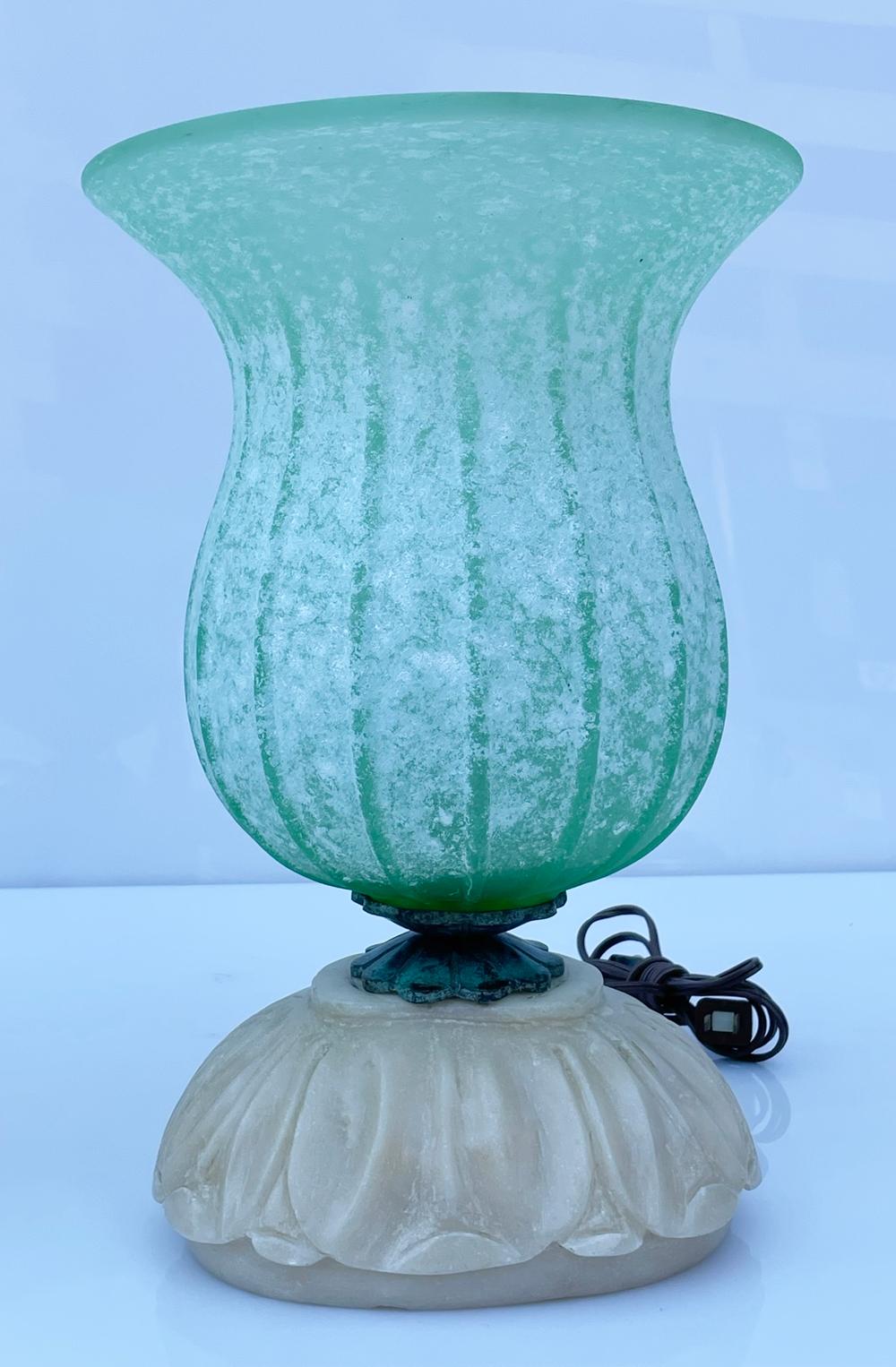 20th Century Murano Glass Table Lamps with Hand Carved Alabaster Base For Sale