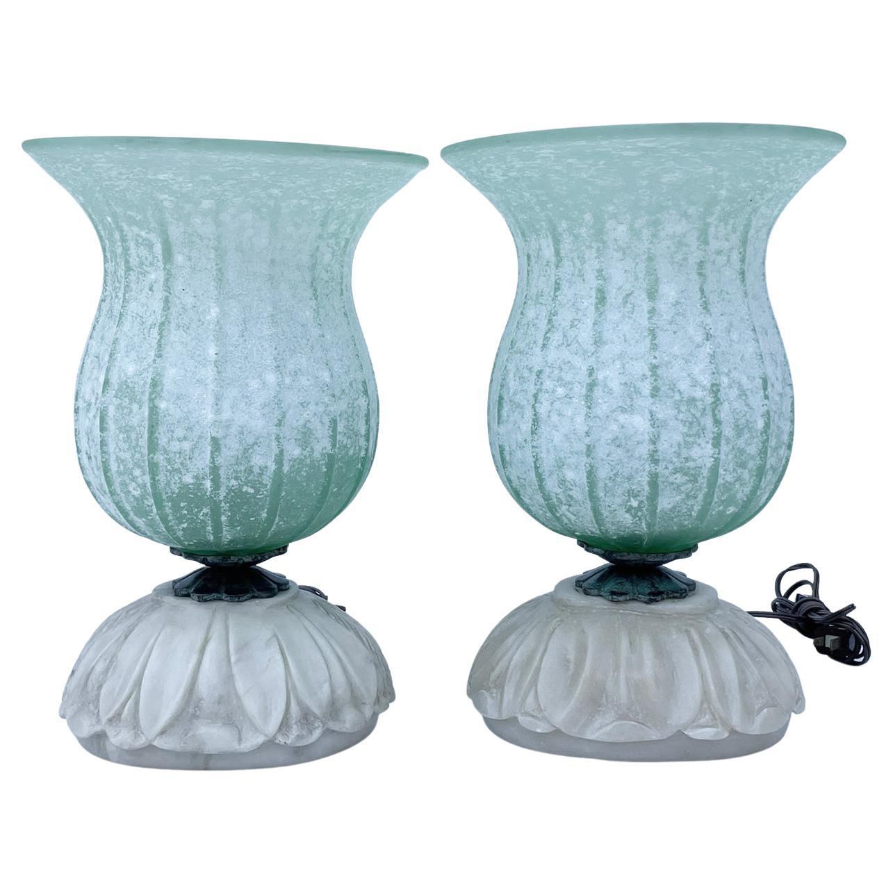 Murano Glass Table Lamps with Hand Carved Alabaster Base For Sale