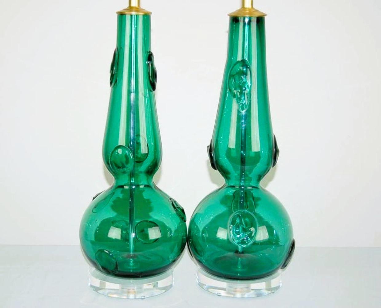 Mid-Century Modern Murano Glass Table Lamps with Prunts in Green For Sale