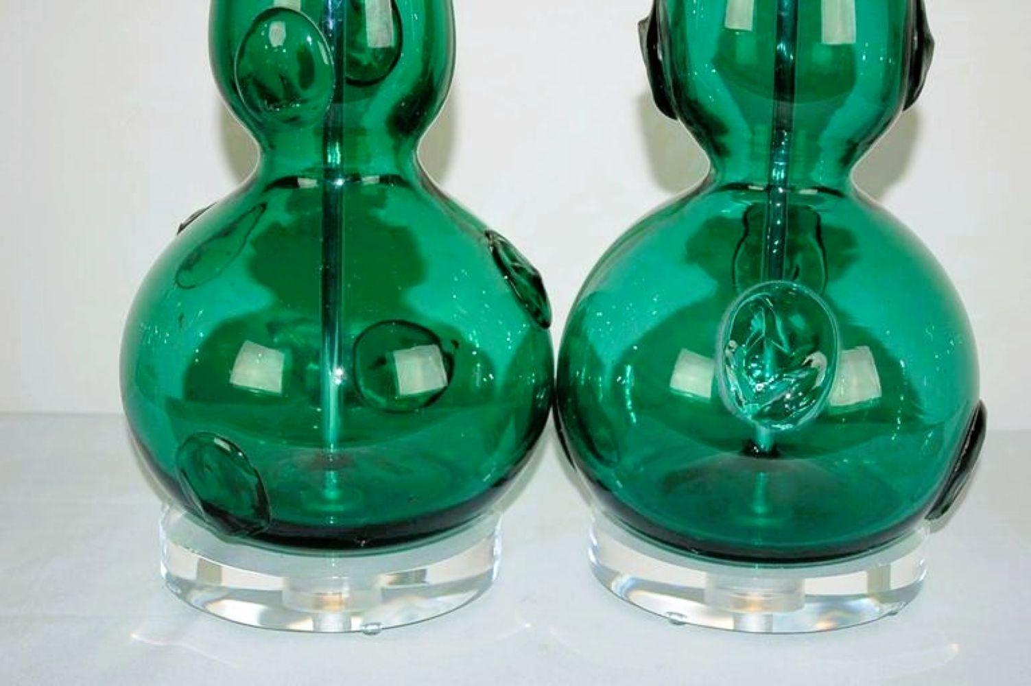 Italian Murano Glass Table Lamps with Prunts in Green For Sale