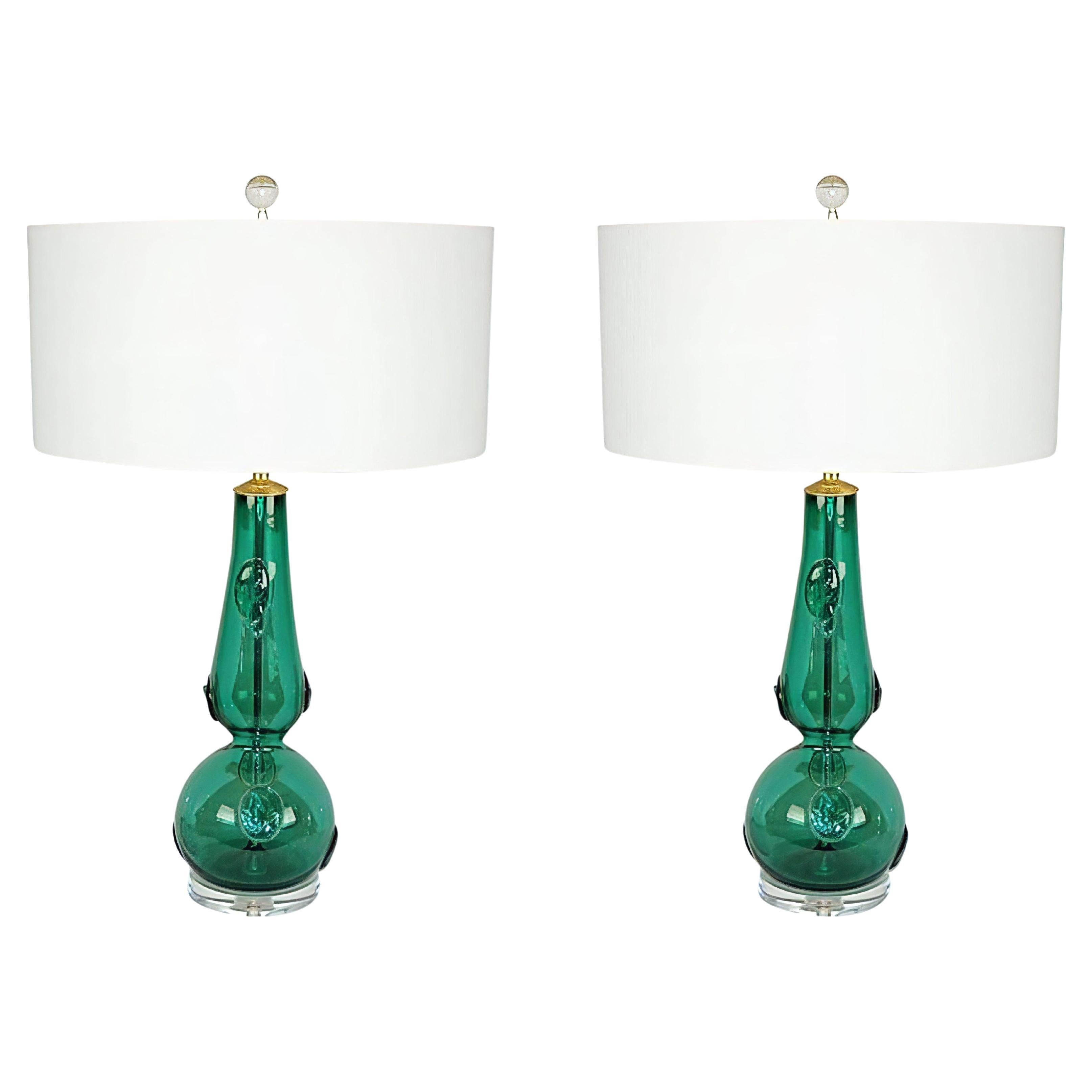 Murano Glass Table Lamps with Prunts in Green