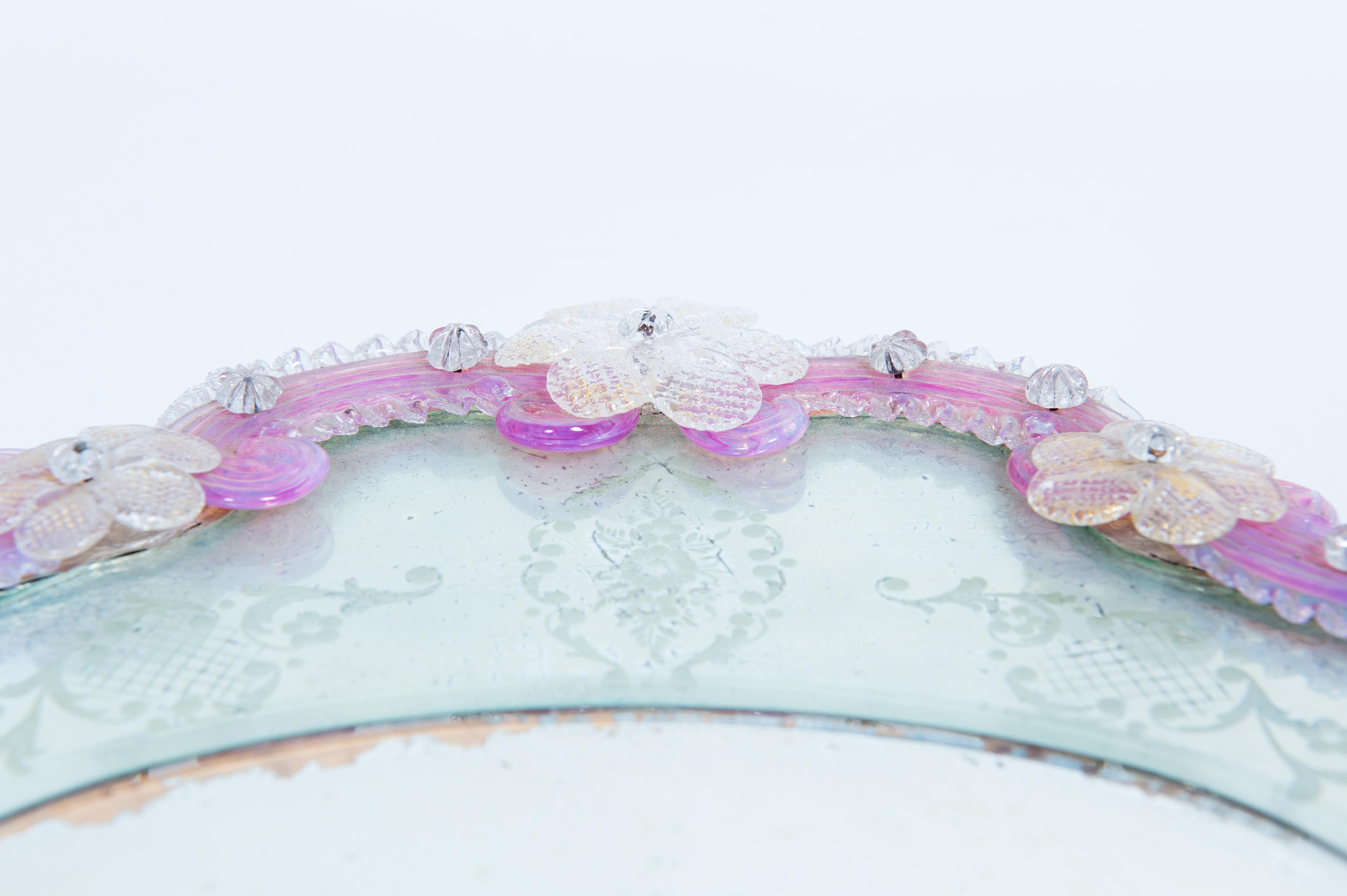 Murano Glass Table Mirror with Engravings and Pink Floral Decoration 1950s Italy For Sale 3