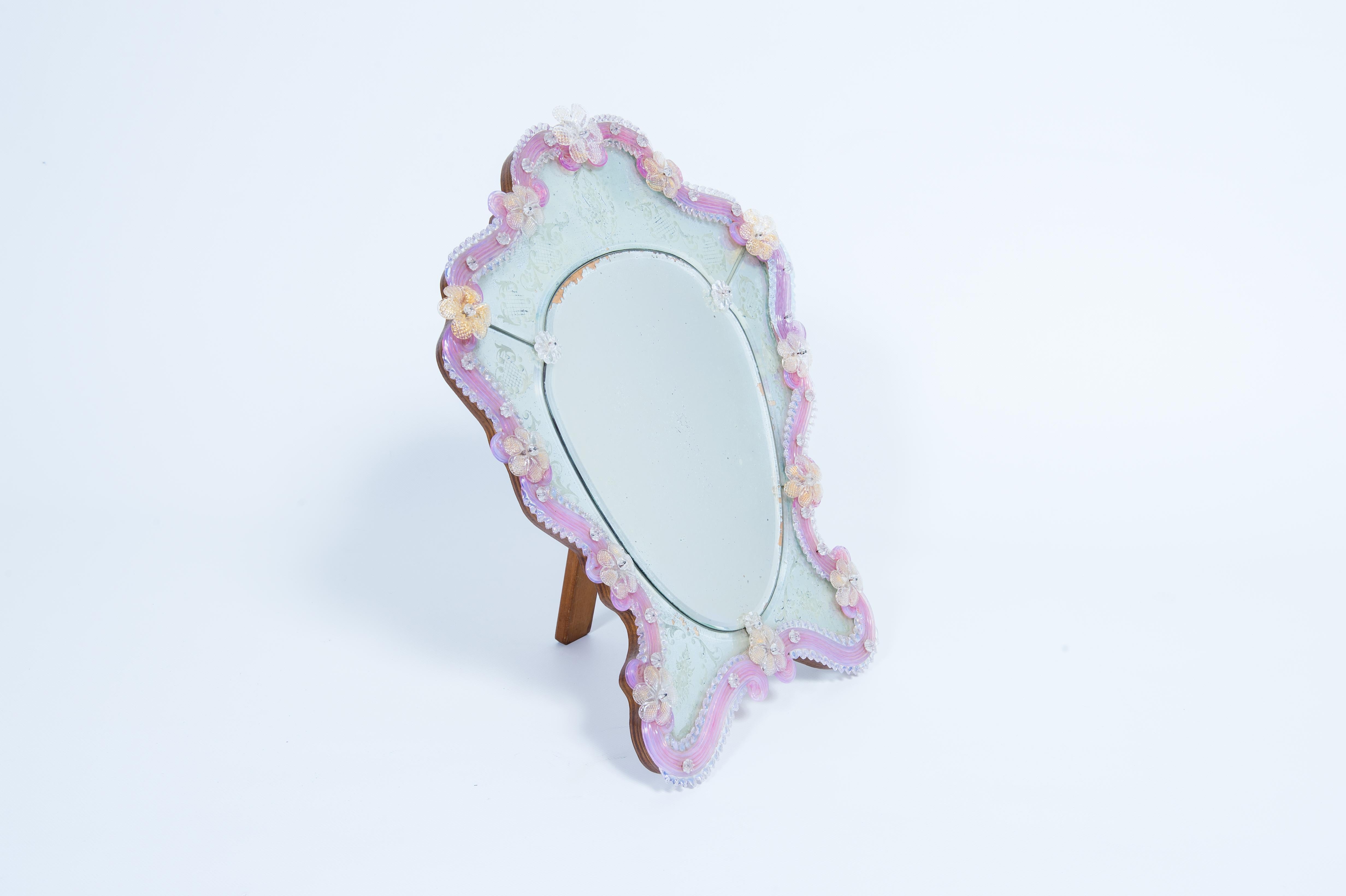Murano Glass Table Mirror with Engravings and Pink Floral Decoration 1950s Italy For Sale 5