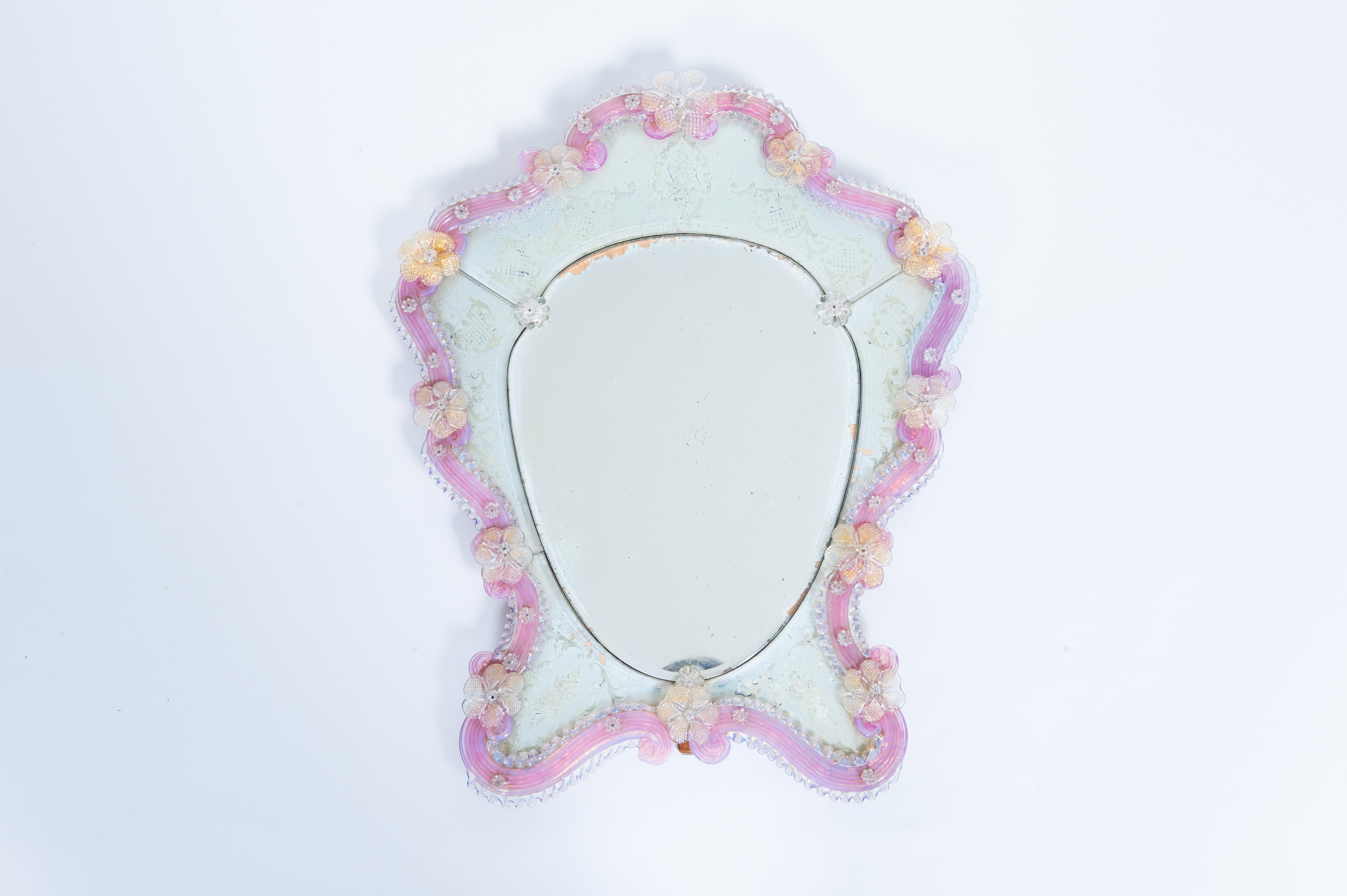 Neoclassical Murano Glass Table Mirror with Engravings and Pink Floral Decoration 1950s Italy For Sale