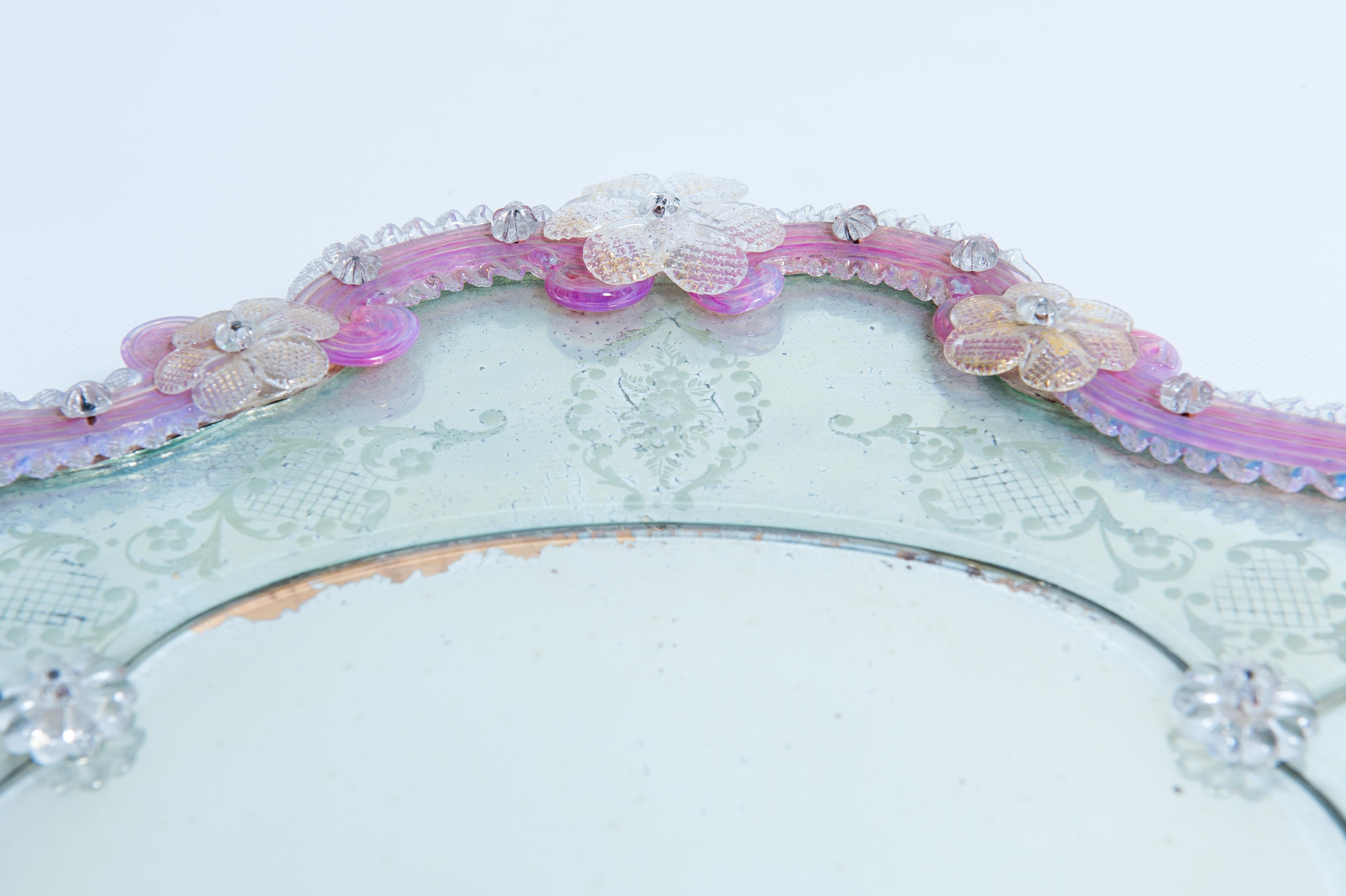 Murano Glass Table Mirror with Engravings and Pink Floral Decoration 1950s Italy For Sale 1
