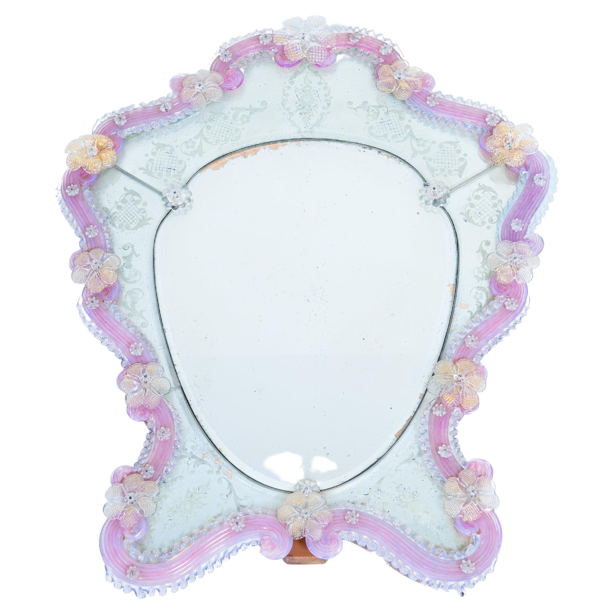 Murano Glass Table Mirror with Engravings and Pink Floral Decoration 1950s Italy For Sale