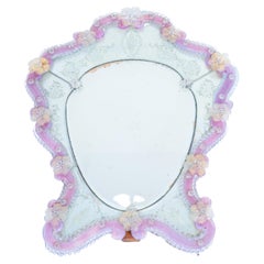 Murano Glass Table Mirror with Engravings and Pink Floral Decoration 1950s Italy