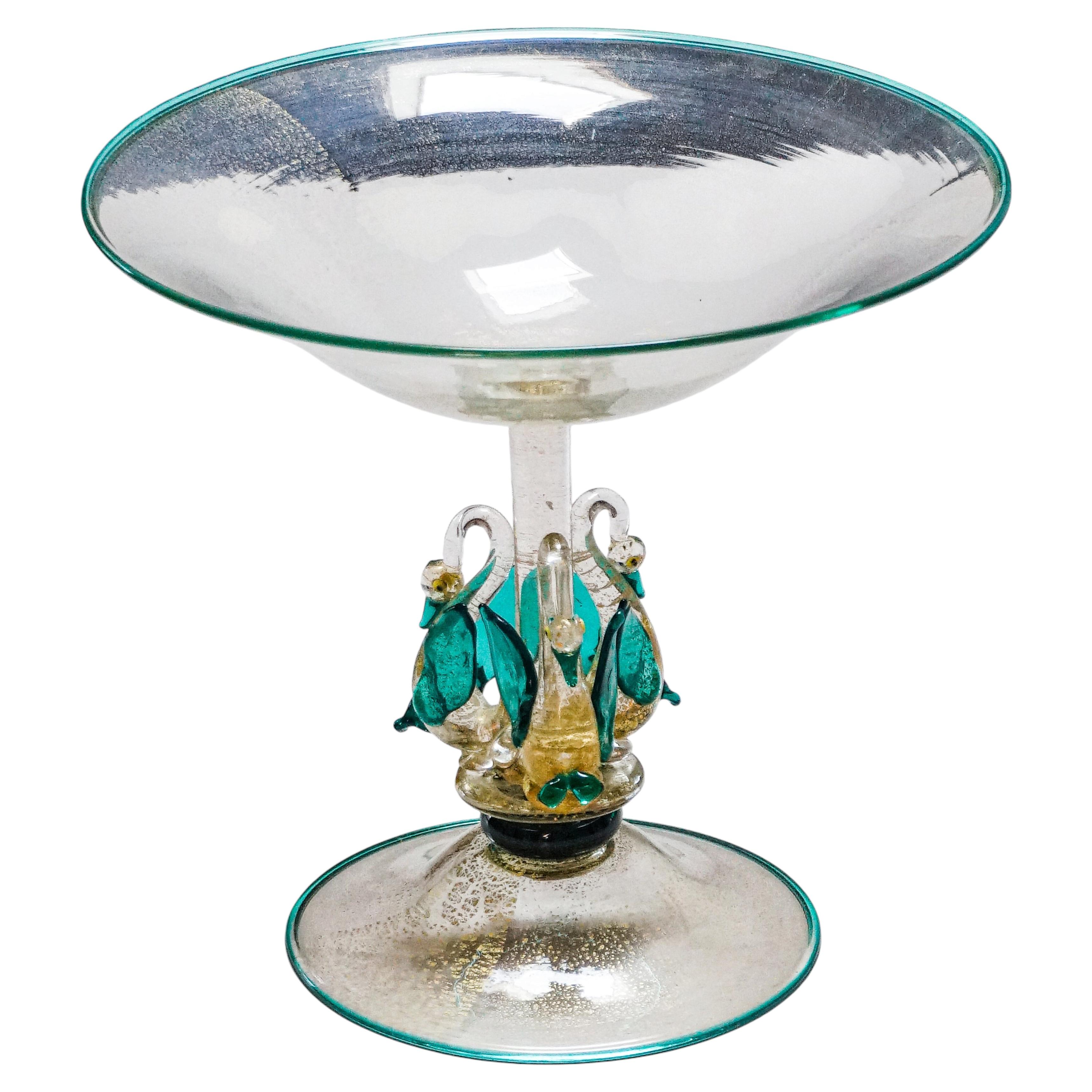 Murano Glass Tazza, Swan Stem, Attributed to Salviati, circa 1900 For Sale