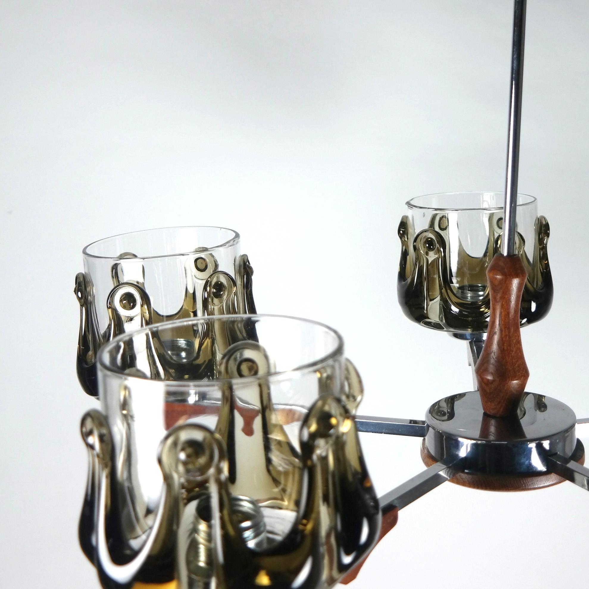Murano Glass, Teak, and Chrome Chandelier, 1970s For Sale 4