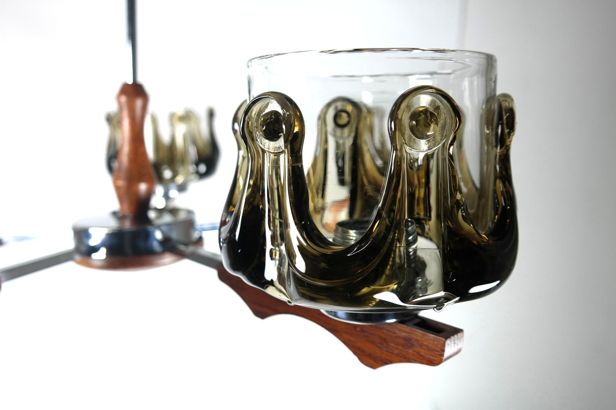 Late 20th Century Murano Glass, Teak, and Chrome Chandelier, 1970s For Sale